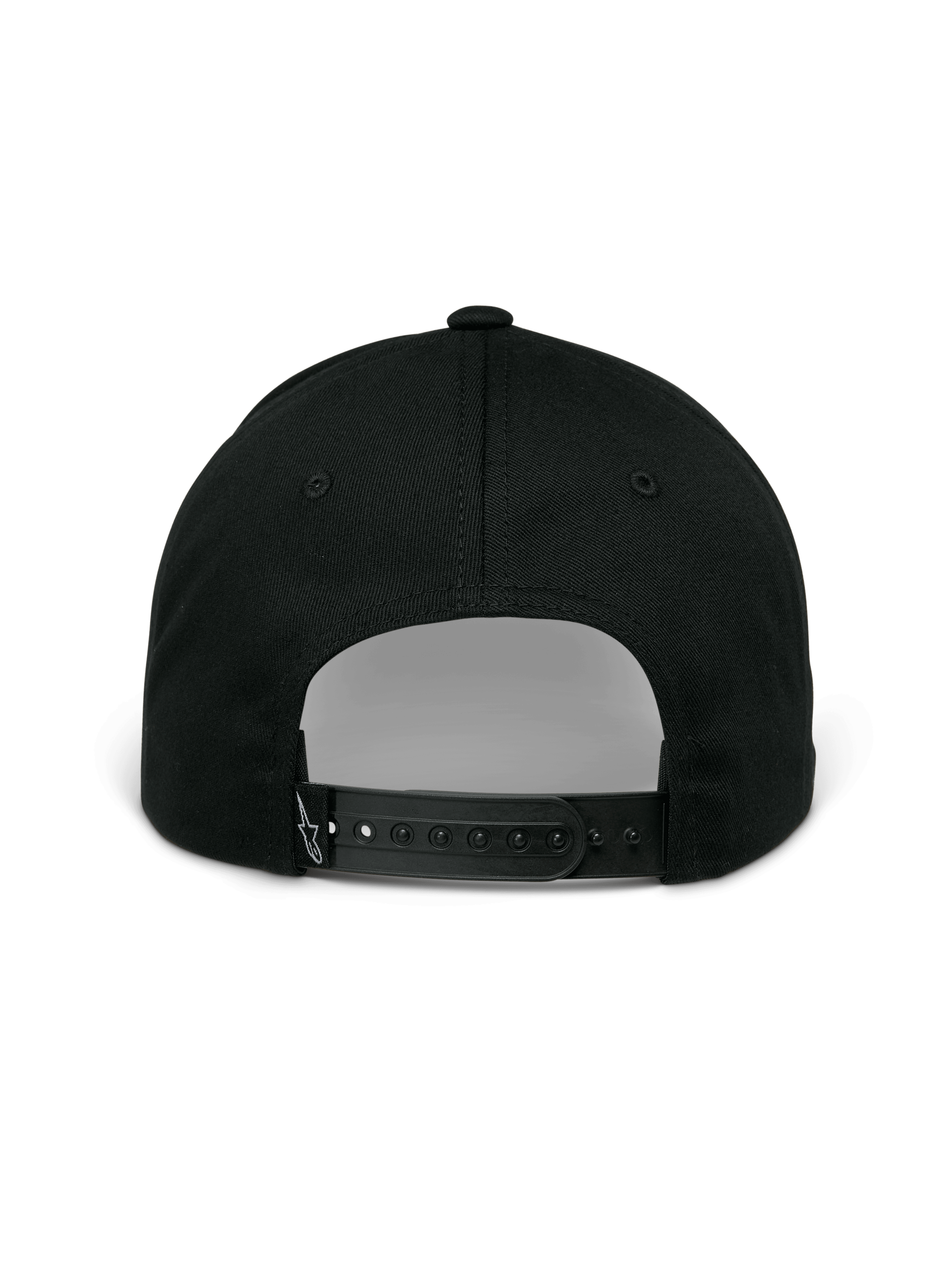 Alpinestars Profile pet, zwart, achteraanzicht met verstelbare snapback-sluiting, gestructureerde kroon en klein wit geborduurd logo op de achterband, casual sportkleding.