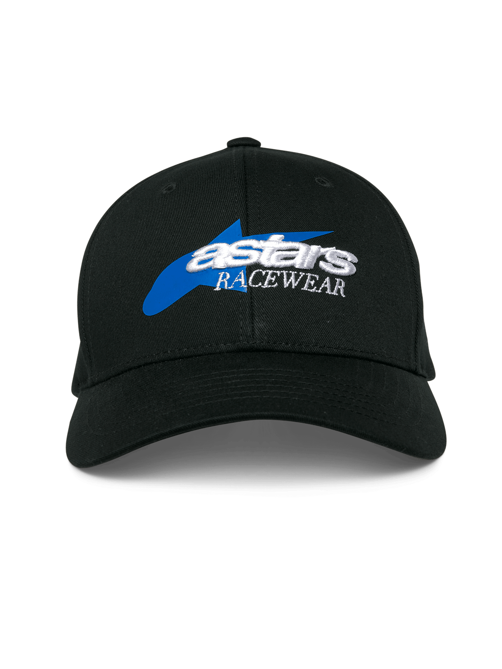 Alpinestars Profile Pet, zwarte baseballcap, voorzien van een blauwe ster-graphic met wit 3D geborduurd 'astars RACEWEAR' logo, gestructureerde kroon en gebogen klep, casual motorsport hoofdbedekking