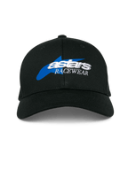 Alpinestars Profile Pet, zwarte baseballcap, voorzien van een blauwe ster-graphic met wit 3D geborduurd 'astars RACEWEAR' logo, gestructureerde kroon en gebogen klep, casual motorsport hoofdbedekking