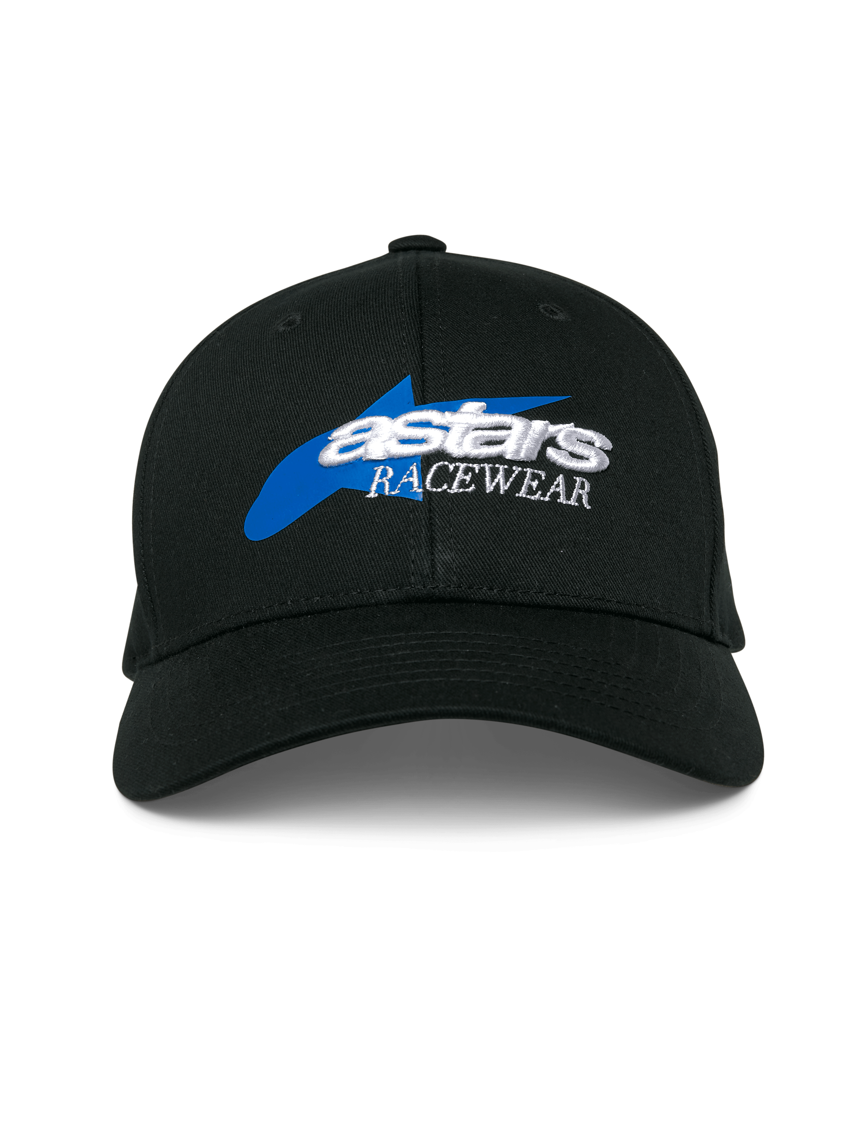 Alpinestars Profile Pet, zwarte baseballcap, voorzien van een blauwe ster-graphic met wit 3D geborduurd 'astars RACEWEAR' logo, gestructureerde kroon en gebogen klep, casual motorsport hoofdbedekking