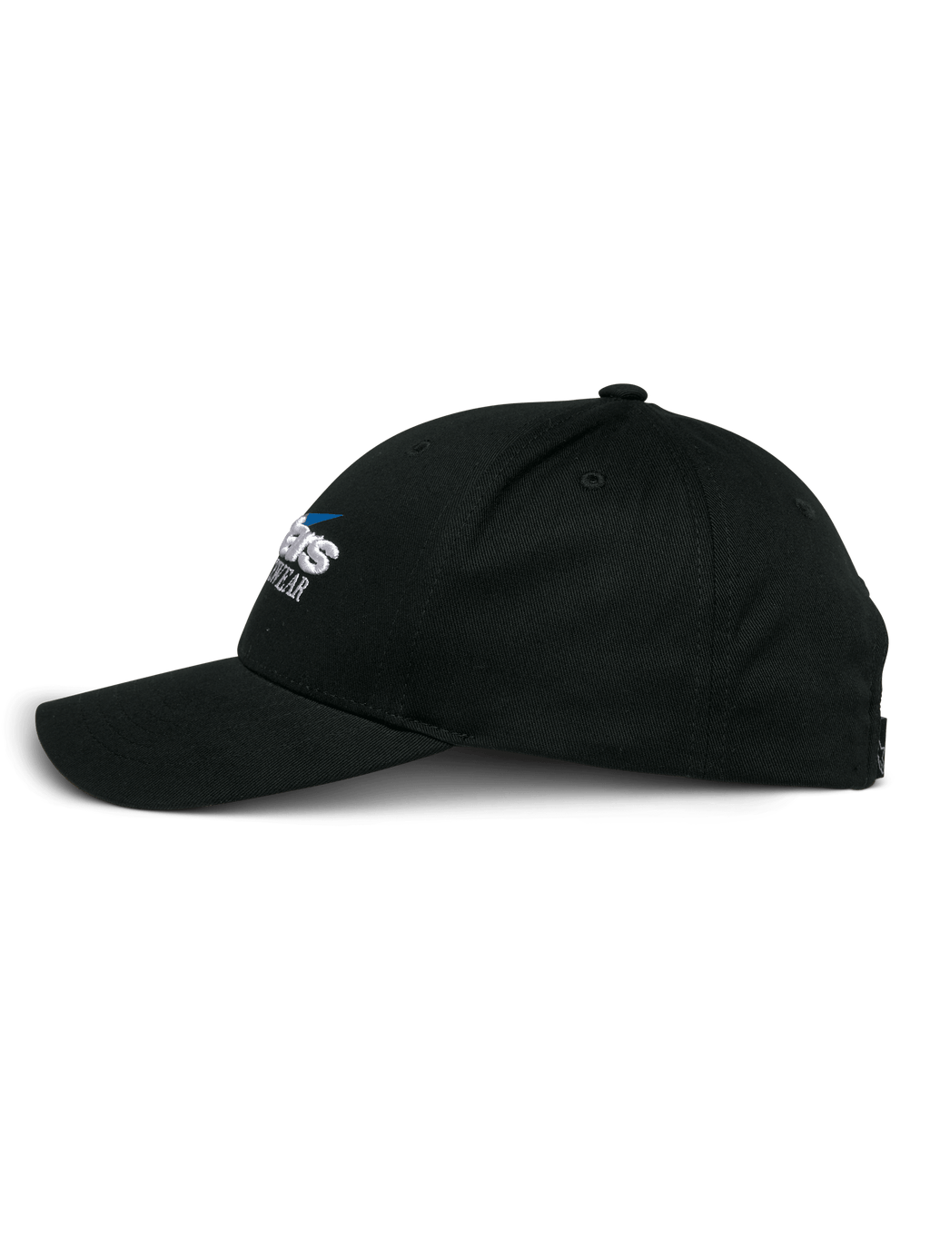 Alpinestars Profile pet, snapback cap, zwart, zijaanzicht, gestructureerde kroon met gebogen klep, geborduurd Alpinestars-logo, casual hoofdbedekking geïnspireerd op de motorsport