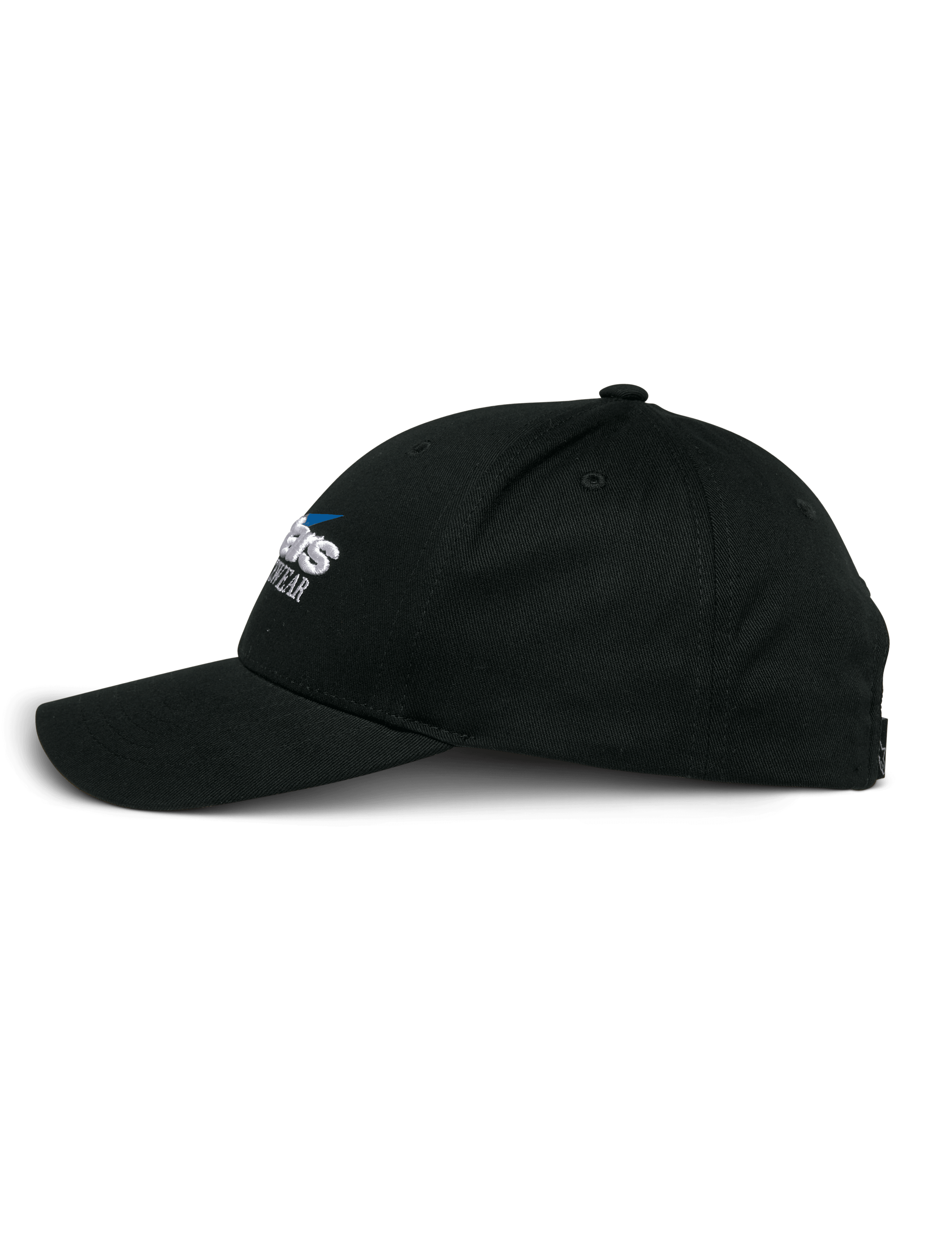 Alpinestars Profile pet, snapback cap, zwart, zijaanzicht, gestructureerde kroon met gebogen klep, geborduurd Alpinestars-logo, casual hoofdbedekking geïnspireerd op de motorsport