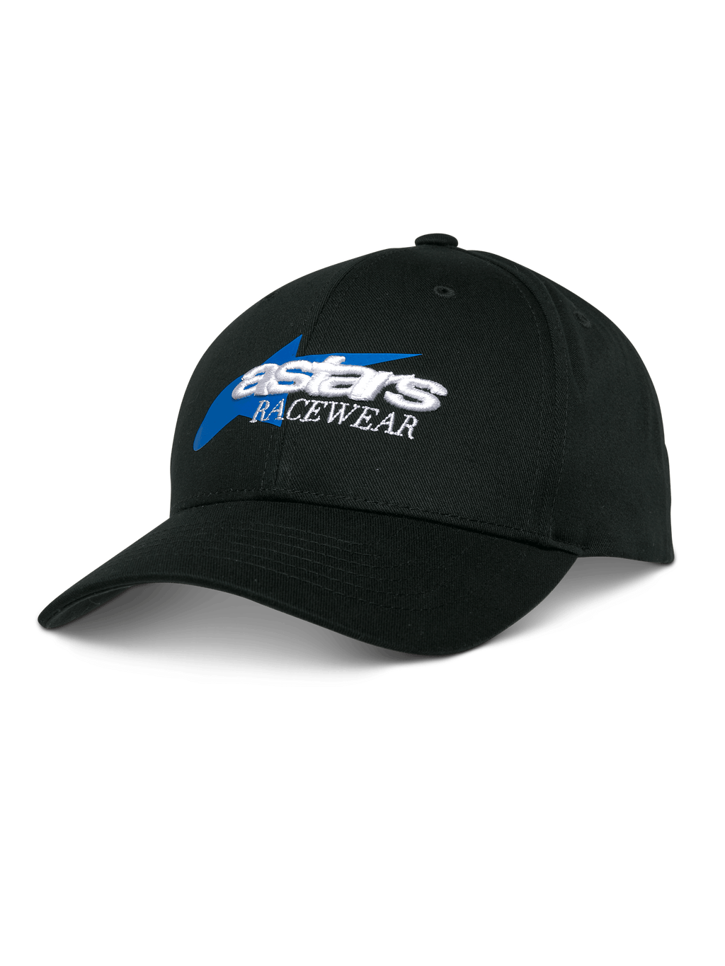Alpinestars Profile pet, zwarte baseballcap met blauw en wit geborduurd Astars Racewear-logo, gestructureerde kroon met gebogen klep, casual motorsport hoofdbedekking