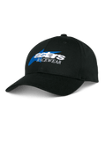 Alpinestars Profile pet, zwarte baseballcap met blauw en wit geborduurd Astars Racewear-logo, gestructureerde kroon met gebogen klep, casual motorsport hoofdbedekking