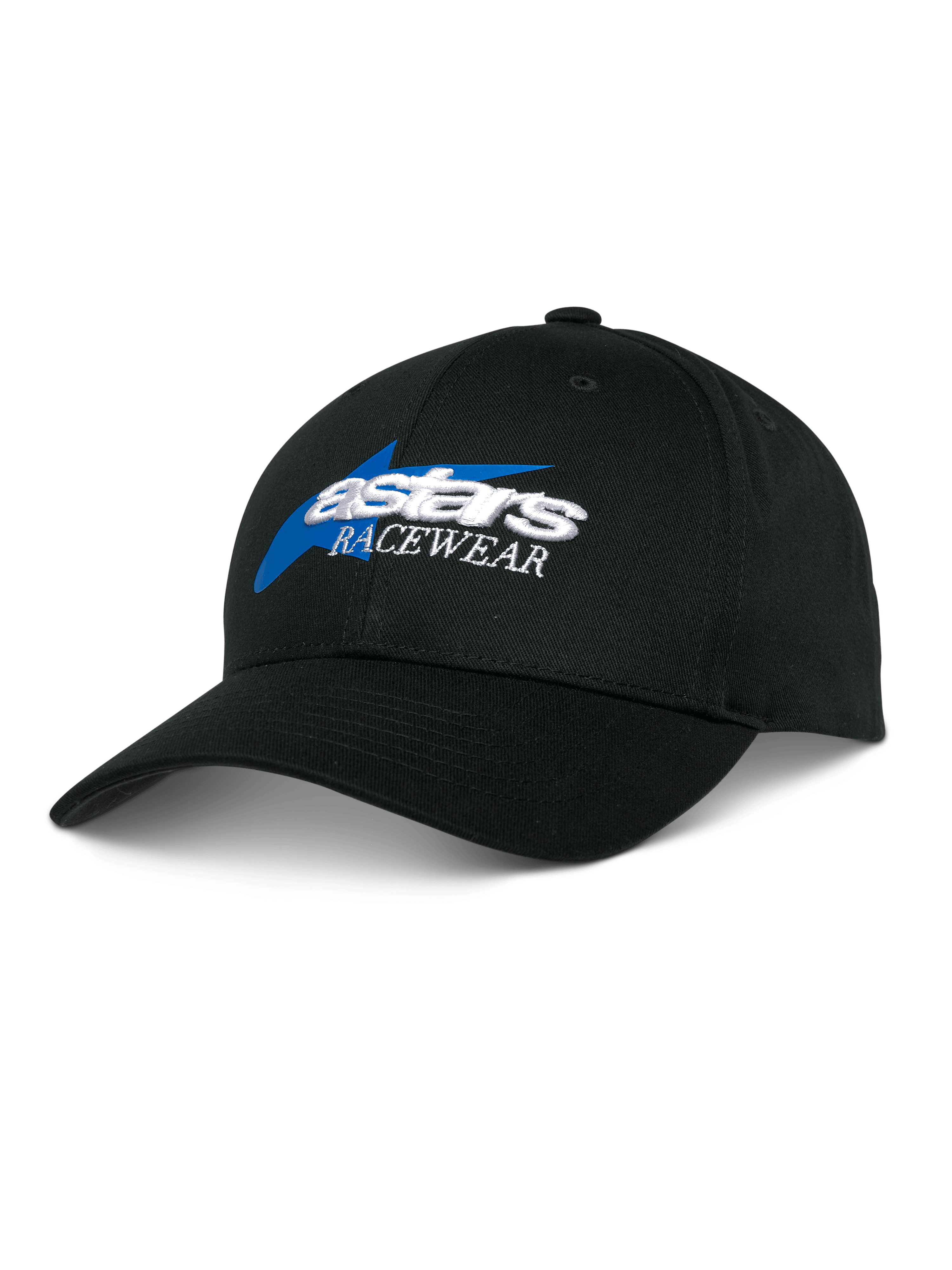 Alpinestars Profile pet, zwarte baseballcap met blauw en wit geborduurd Astars Racewear-logo, gestructureerde kroon met gebogen klep, casual motorsport hoofdbedekking
