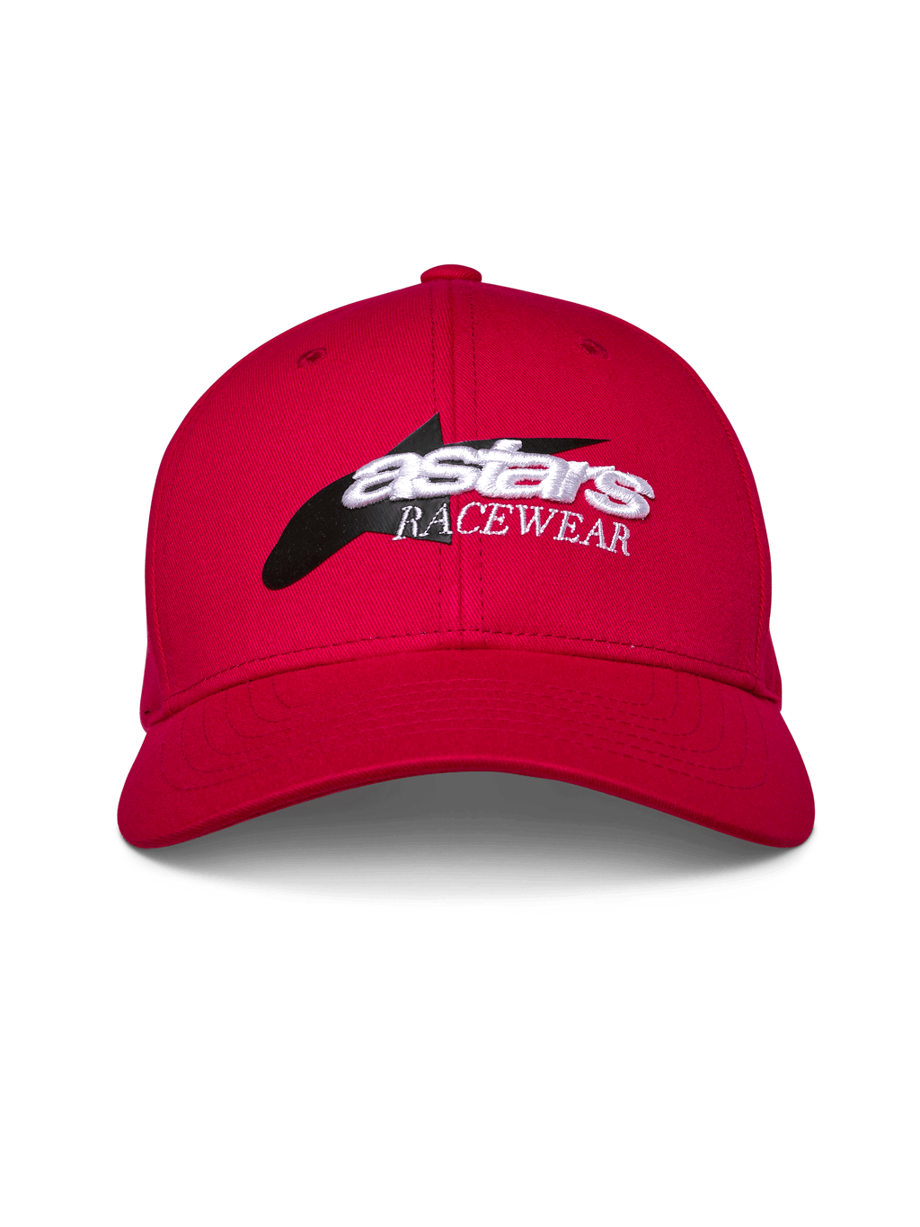 Alpinestars Profile pet, rood, snapback met gestructureerde kroon en gebogen klep, logo op de voorzijde met zwarte ster-graphic en wit 3D 'astars RACEWEAR' borduurwerk, casual motorsport lifestyle hoofdbedekking