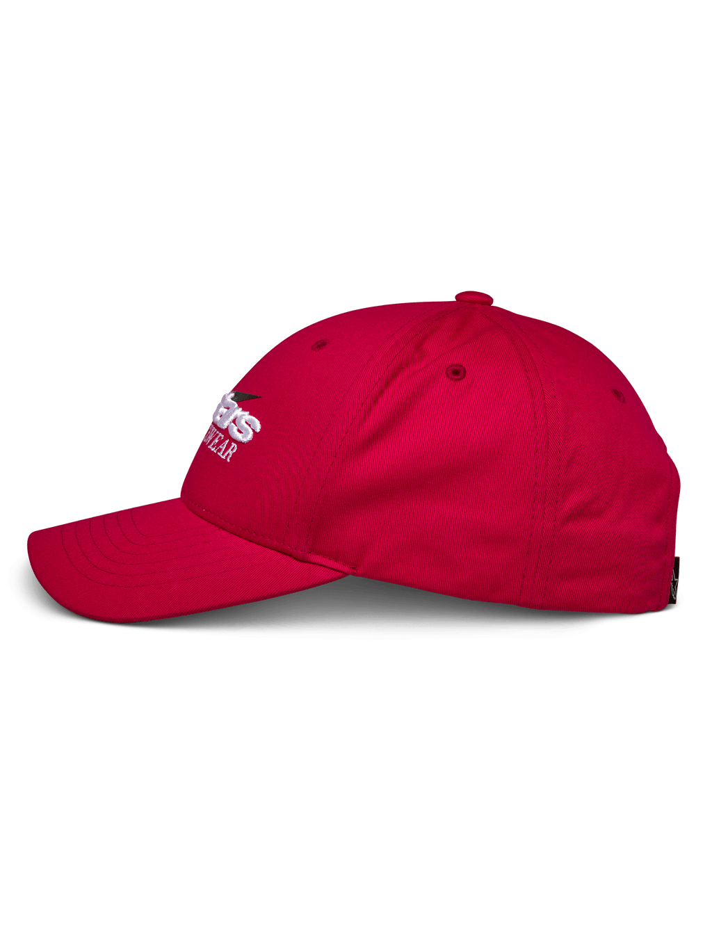 Alpinestars Profile Pet, rood zijprofiel, gestructureerde kroon met gebogen klep, 100% katoen keperstof, wit en zwart geborduurd logo, casual motorsport pet