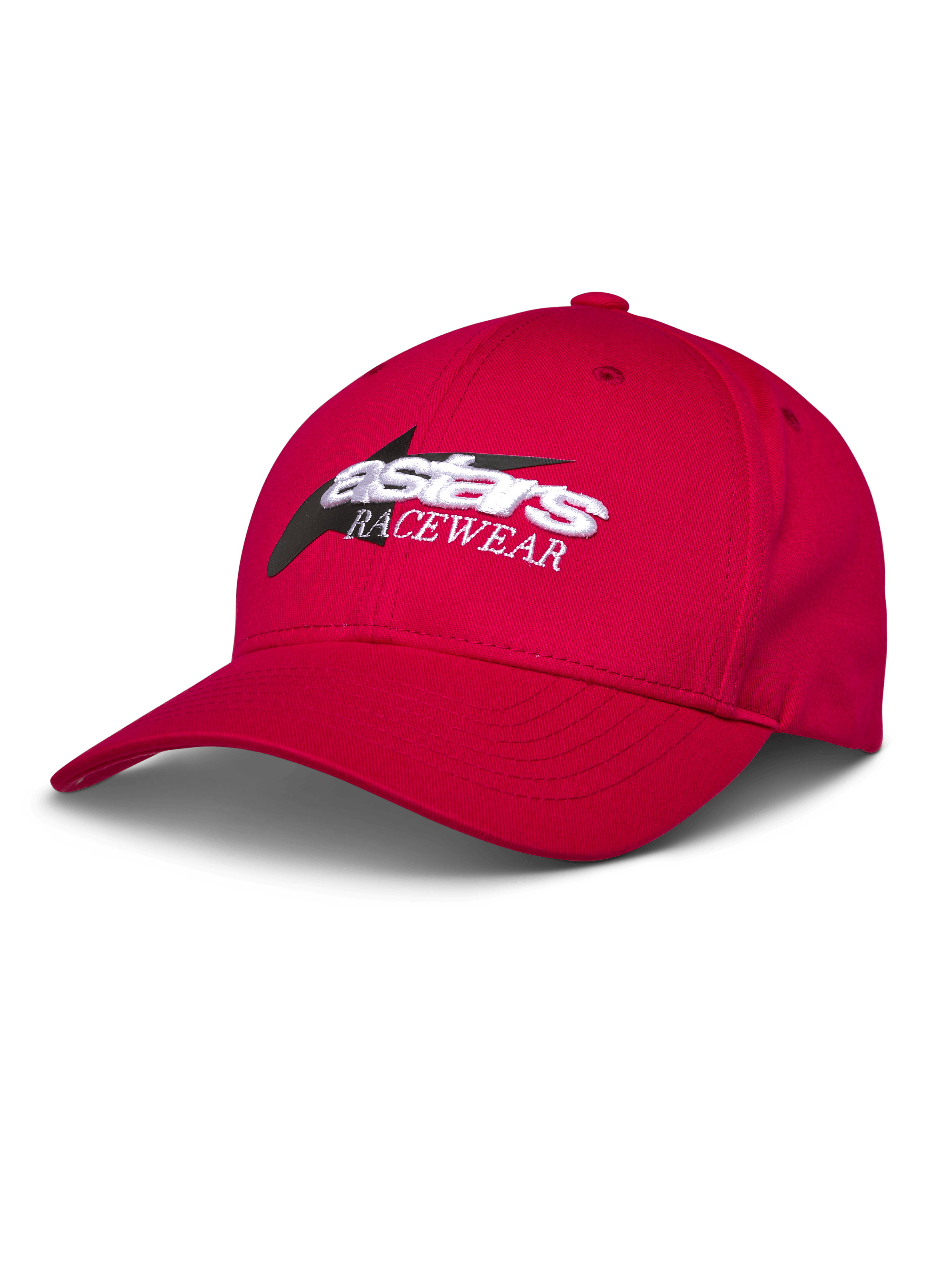 Alpinestars Profile Pet, rode baseballcap, wit en zwart geborduurd Astars RACEWEAR-logo, gebogen klep en gestructureerde kroon, casual motorsport streetwear