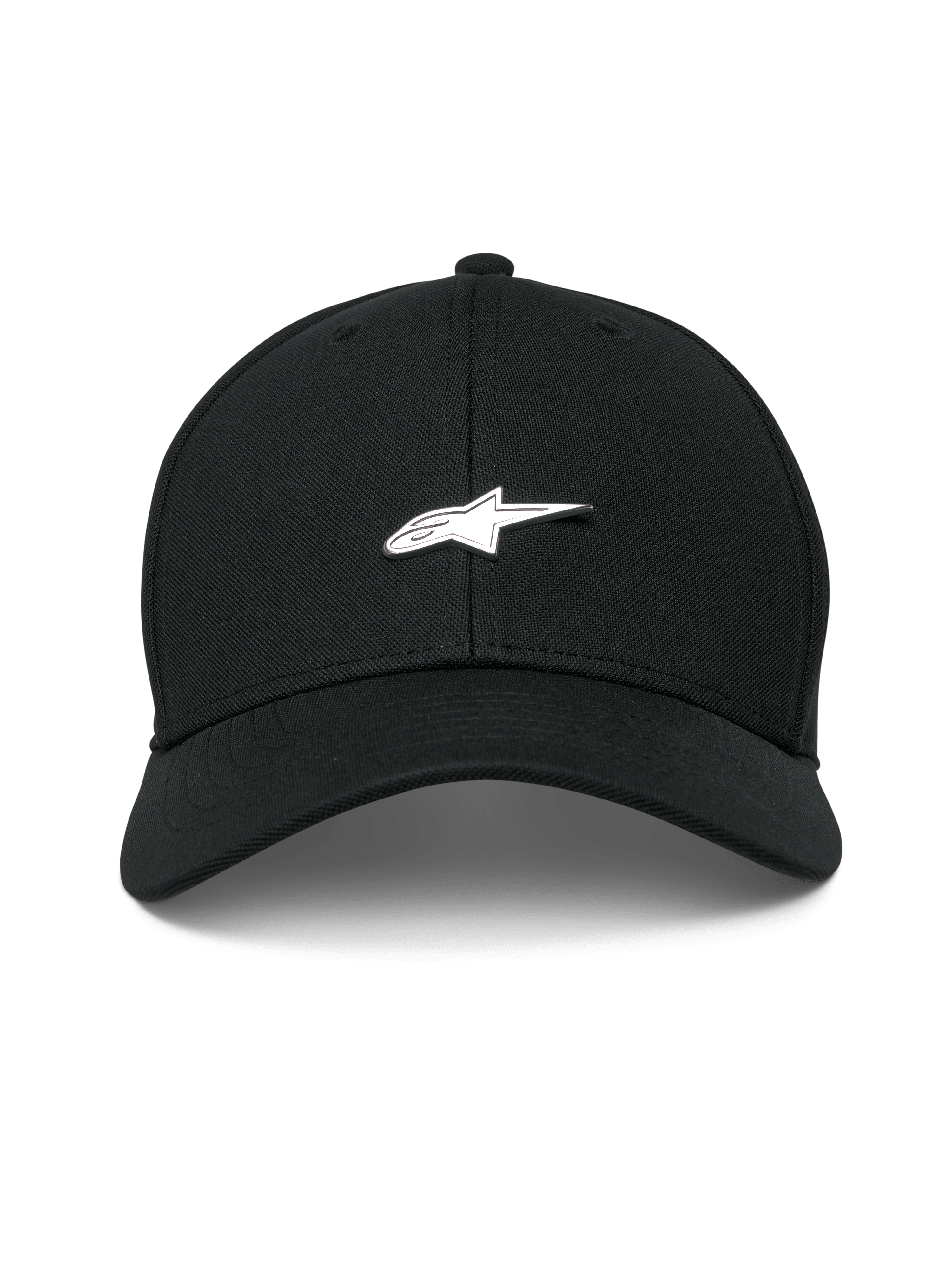 Alpinestars Metal Logo Hat, Black, structured baseball cap with curved bill, 3D molded metal logo badge, mini pique fabric, casual motorsport streetwear