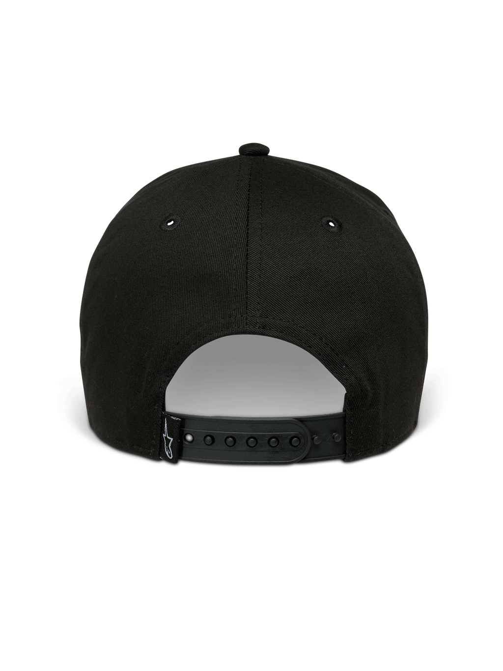 Alpinestars Canyon Pet, zwarte snapback pet, achteraanzicht met verstelbare snapback-sluiting en klein geweven Astars-logolabel, 100% katoenen keperstof, casual motorsport-geïnspireerde hoofdbedekking