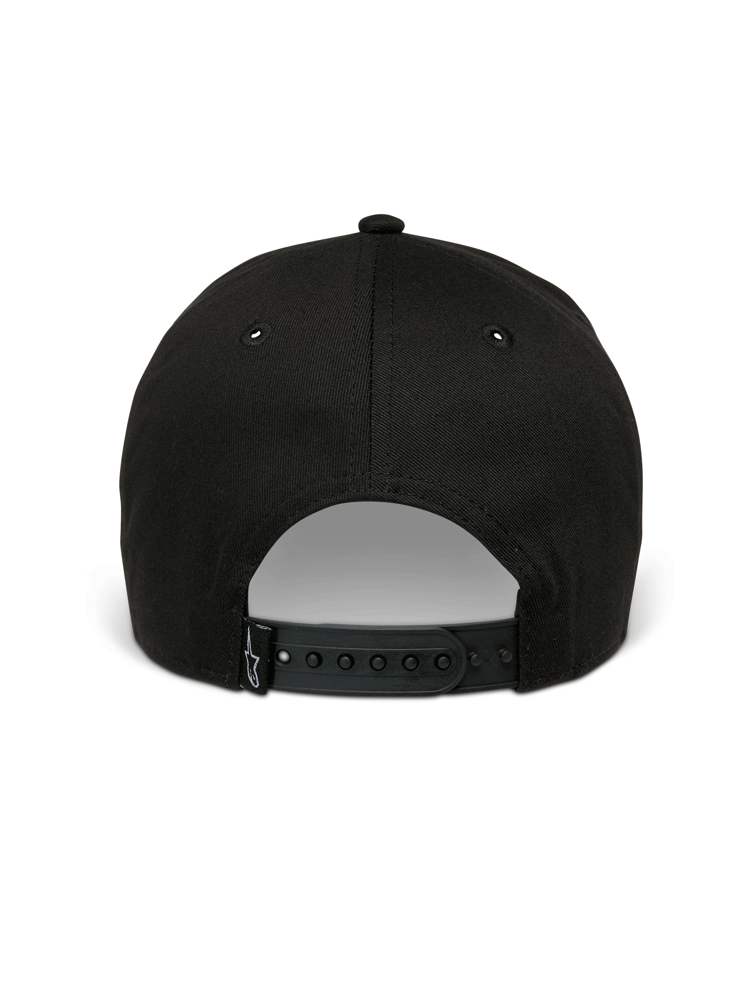 Alpinestars Canyon Pet, zwarte snapback pet, achteraanzicht met verstelbare snapback-sluiting en klein geweven Astars-logolabel, 100% katoenen keperstof, casual motorsport-geïnspireerde hoofdbedekking