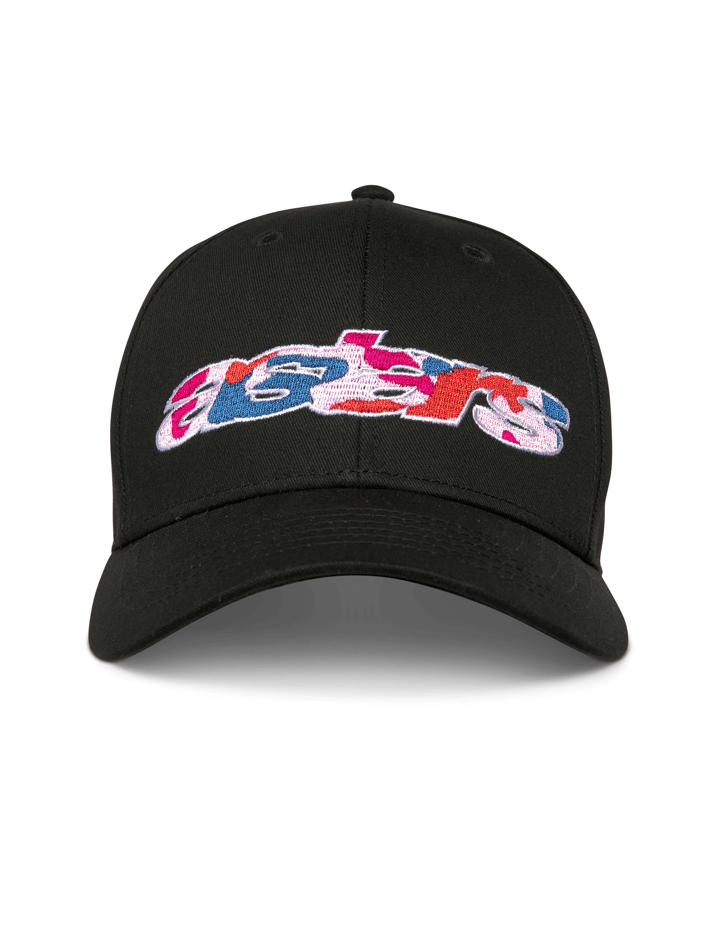Alpinestars Canyon pet, zwarte snapback baseballcap, gebogen klep en gestructureerde kroon, Astars-logo op de voorzijde met geborduurde camo-vulling, casual sportkleding