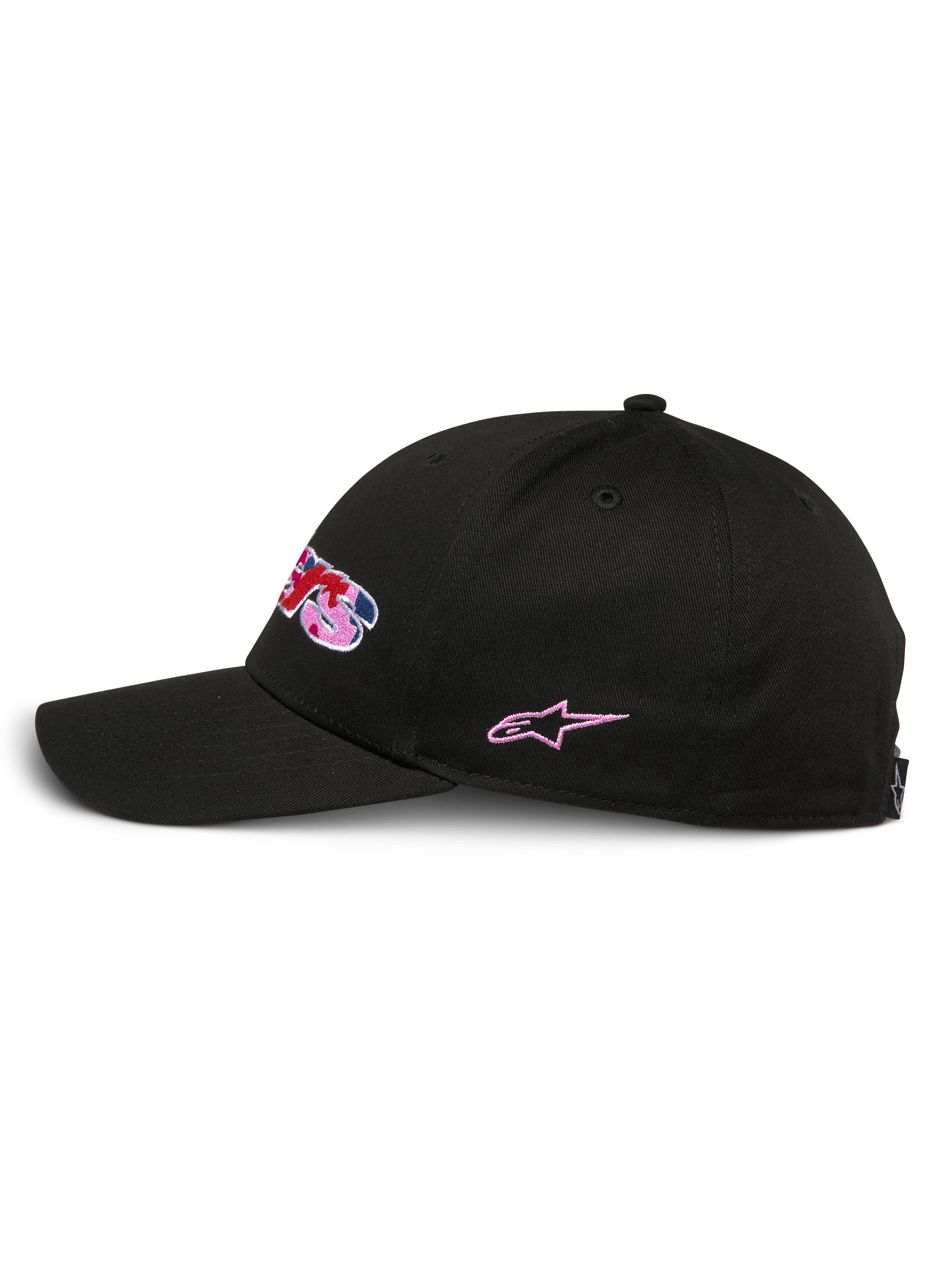 Alpinestars Canyon pet, zwarte snapback pet, zijaanzicht, gestructureerde kroon met gebogen klep, geborduurd logo op de voorzijde met camo-vulling en roze accenten, roze sterborduurwerk aan de zijkant, casual motorsportstijl