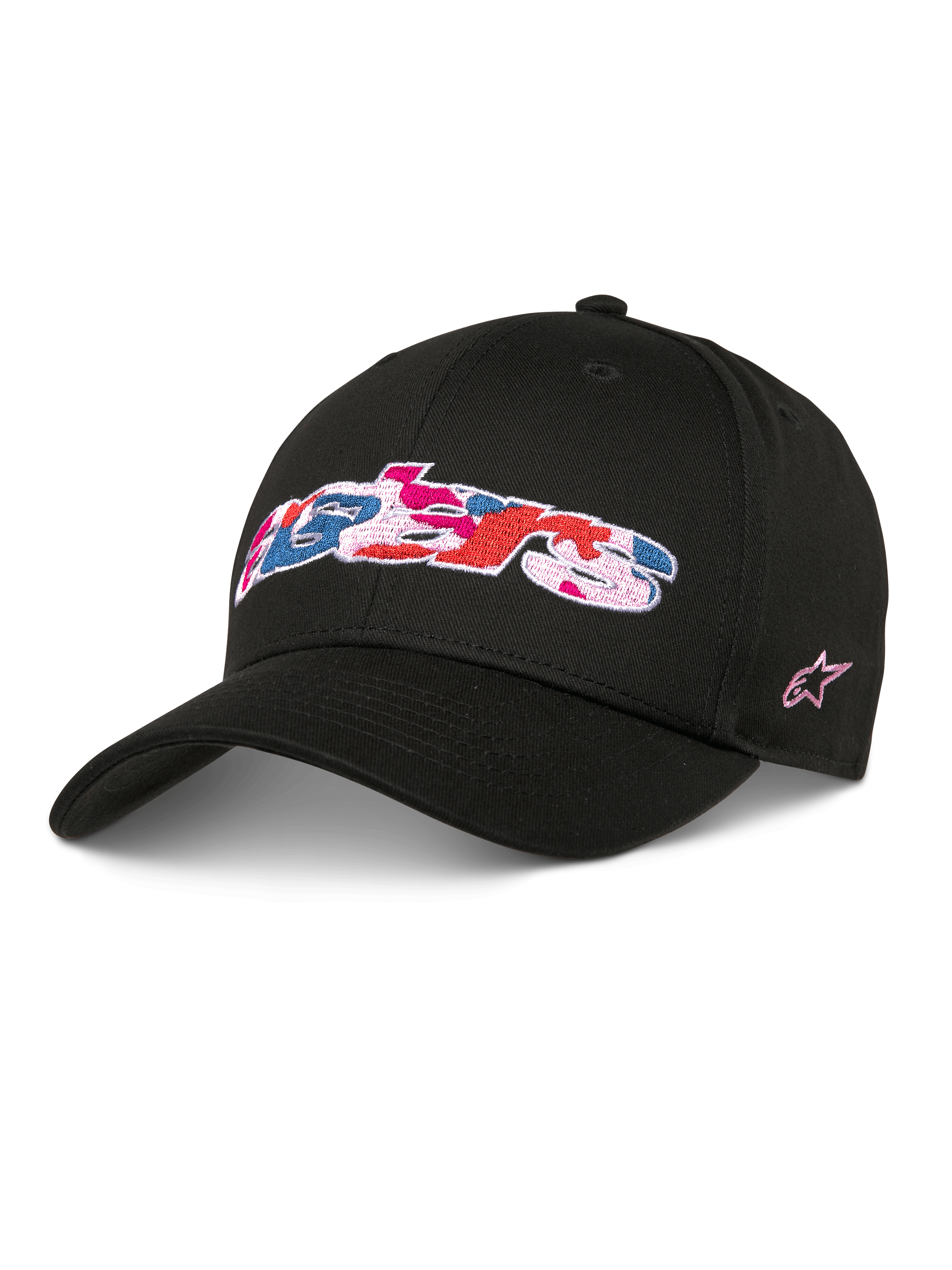 Alpinestars Canyon pet, zwarte snapback baseballcap, gebogen klep en gestructureerde kroon, Astars-logo op de voorzijde met roze, blauwe en rode camo-vulling borduurwerk, roze sterlogo aan de zijkant, casual katoenen twill streetwear