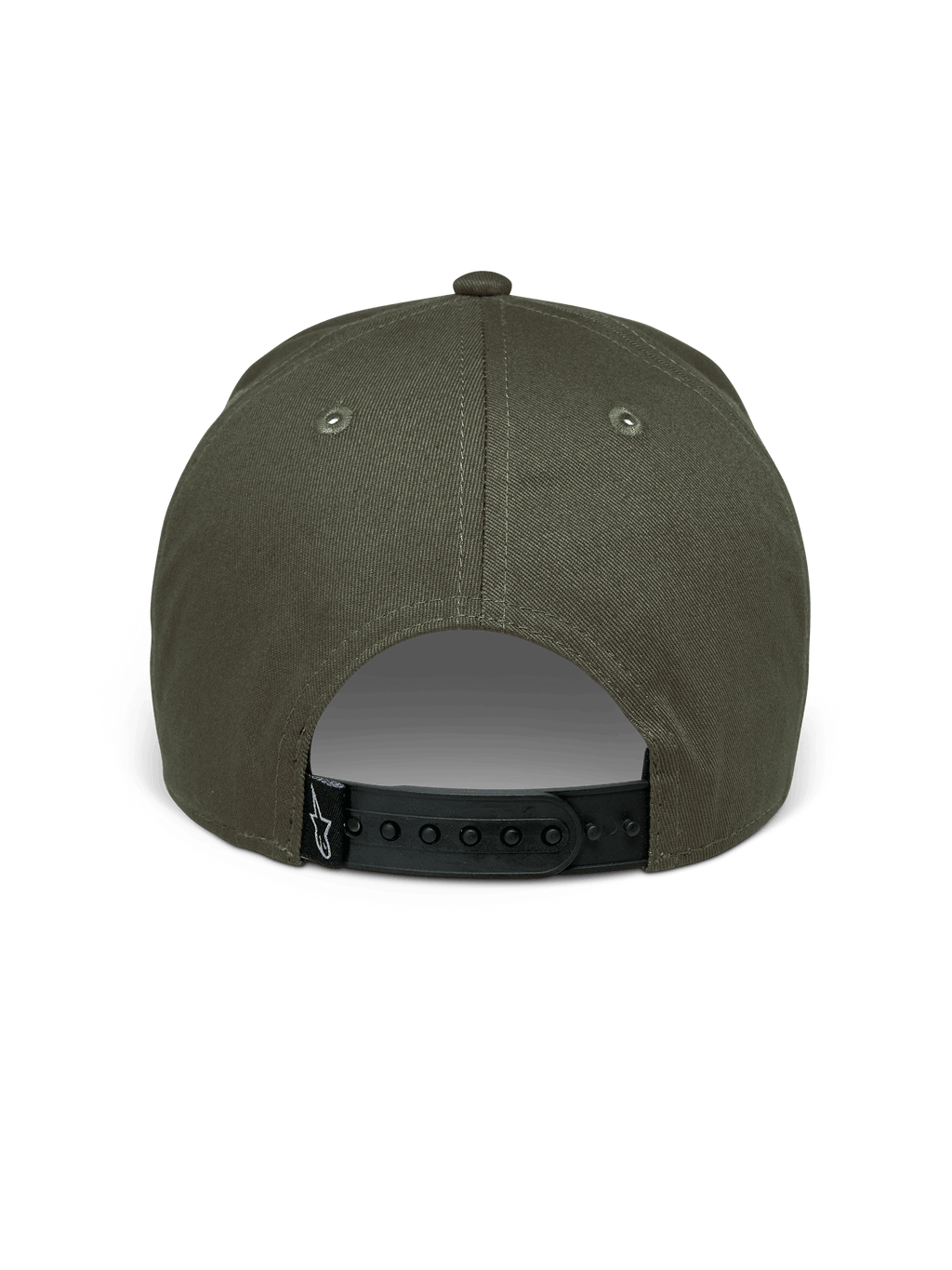 Alpinestars Canyon pet, Military Green, achteraanzicht met verstelbare zwarte snapback-sluiting, gestructureerde kroon van katoenen keperstof, klein zwart geweven label met wit Astars-logo, casual motorsport pet