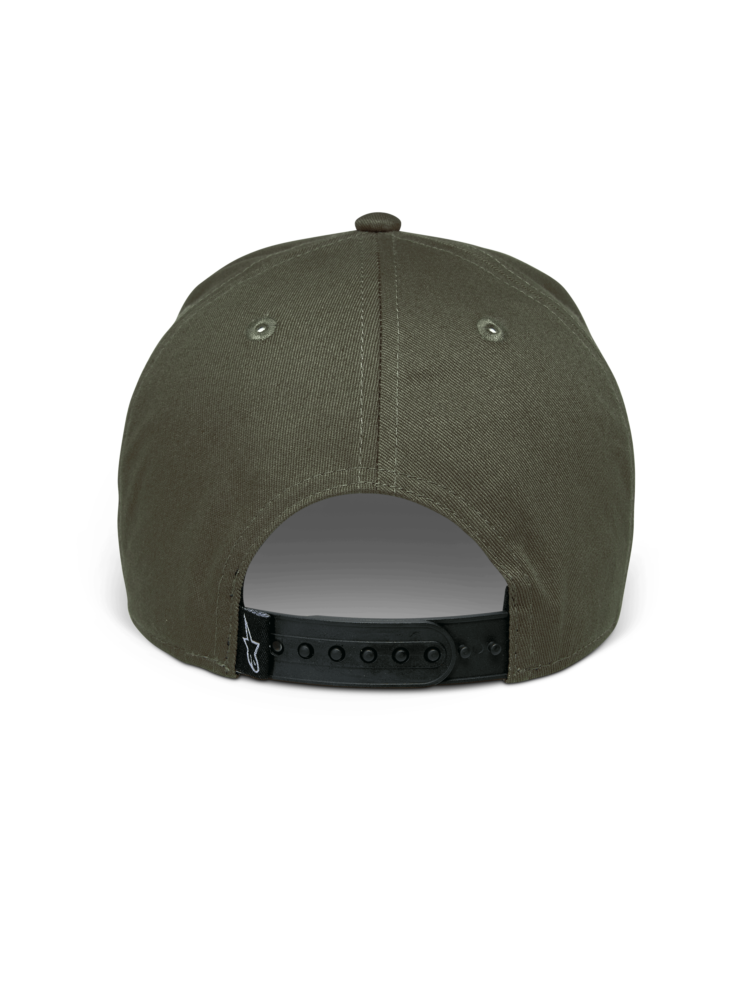 Alpinestars Canyon pet, Military Green, achteraanzicht met verstelbare zwarte snapback-sluiting, gestructureerde kroon van katoenen keperstof, klein zwart geweven label met wit Astars-logo, casual motorsport pet