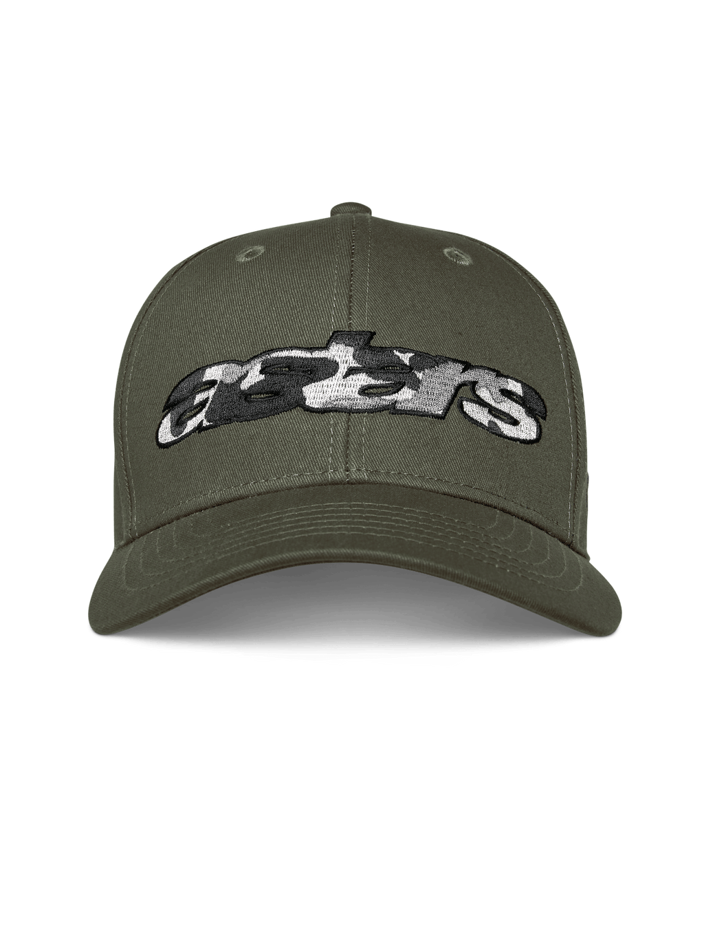Alpinestars Canyon pet, militair groen, snapback pet met gebogen klep, geborduurd Astars-logo met camouflagevulling aan de voorzijde, casual motorsport streetwear