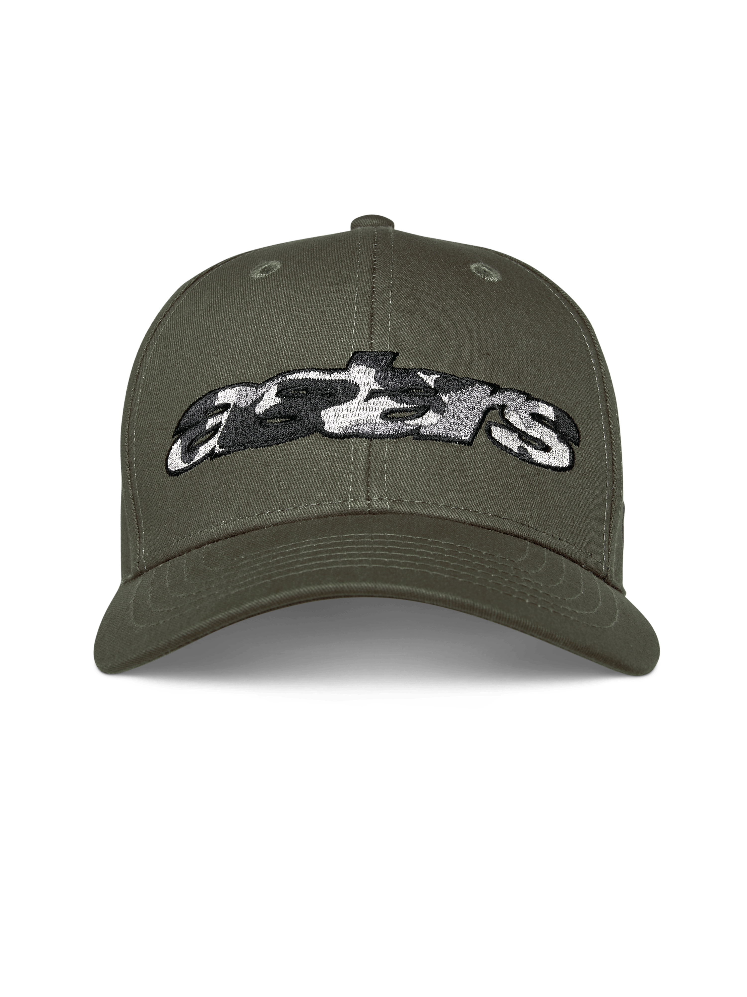 Alpinestars Canyon pet, militair groen, snapback pet met gebogen klep, geborduurd Astars-logo met camouflagevulling aan de voorzijde, casual motorsport streetwear