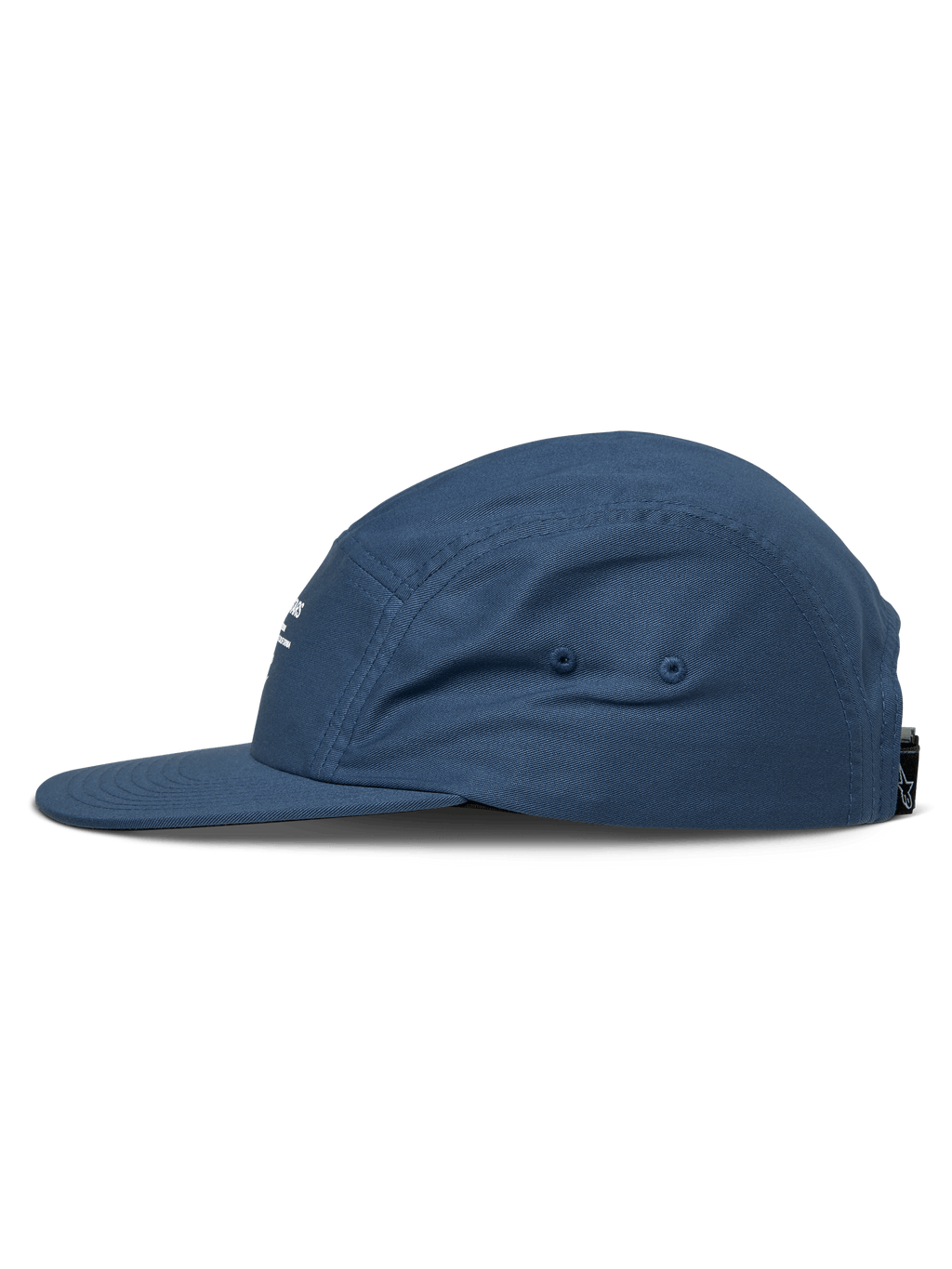 Alpinestars Peasy Pet, 5-panel jockey pet, blauw, zijaanzicht, platte klep, ongestructureerde kroon, twill materiaal, casual motorsport-geïnspireerde hoofdbedekking