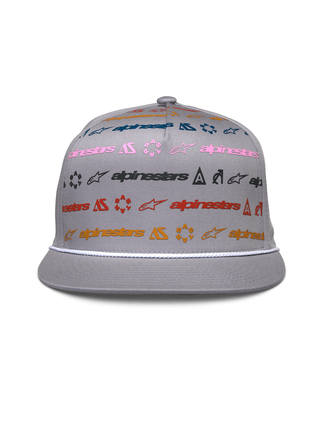 Alpinestars Glphy pet, grijze snapback met platte klep, gestructureerde kroon met veelkleurige horizontale logoprint, witte touwafwerking op de klep, casual motorsport-geïnspireerde hoofdbedekking