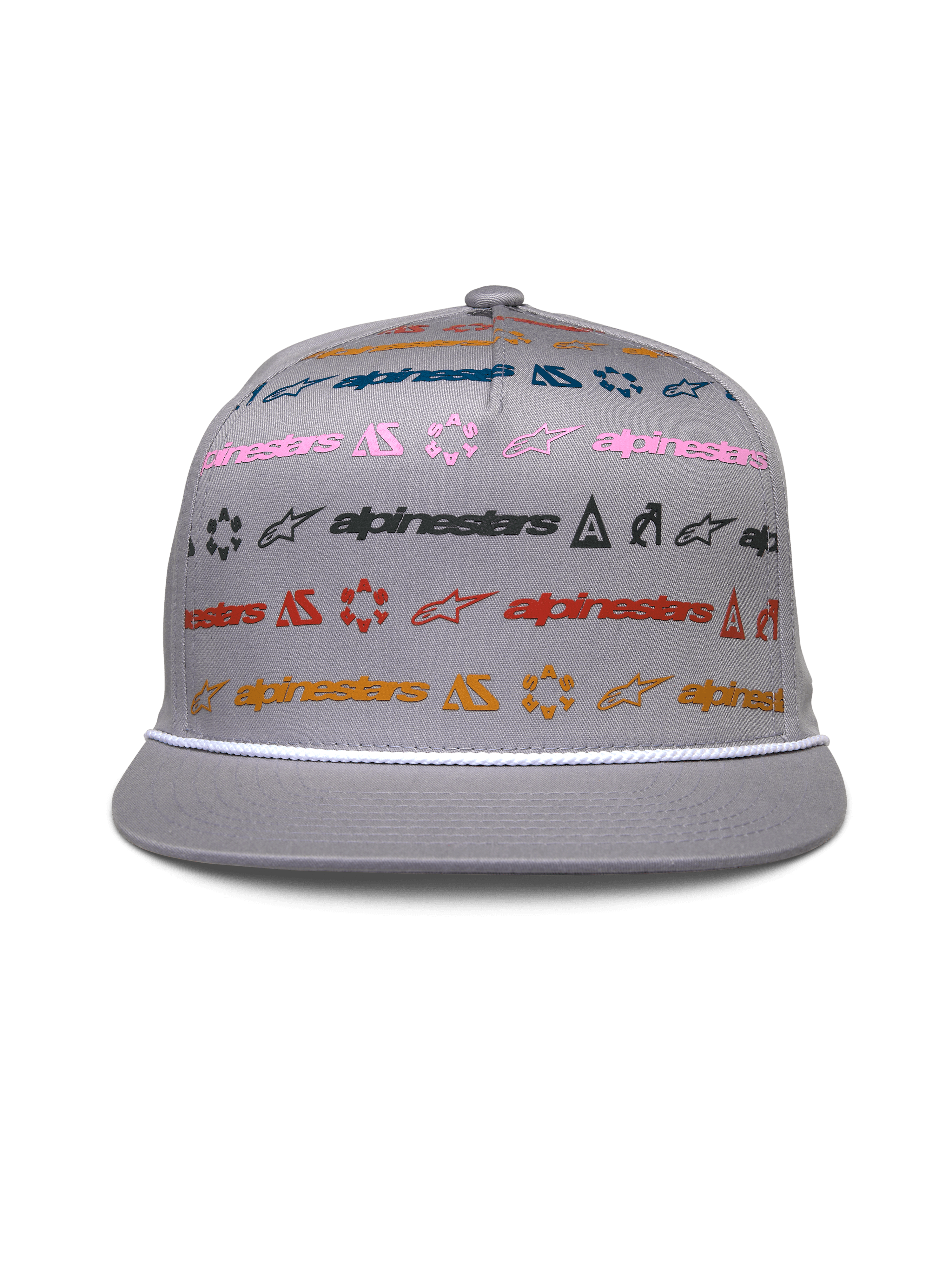 Alpinestars Glphy pet, grijze snapback met platte klep, gestructureerde kroon met veelkleurige horizontale logoprint, witte touwafwerking op de klep, casual motorsport-geïnspireerde hoofdbedekking