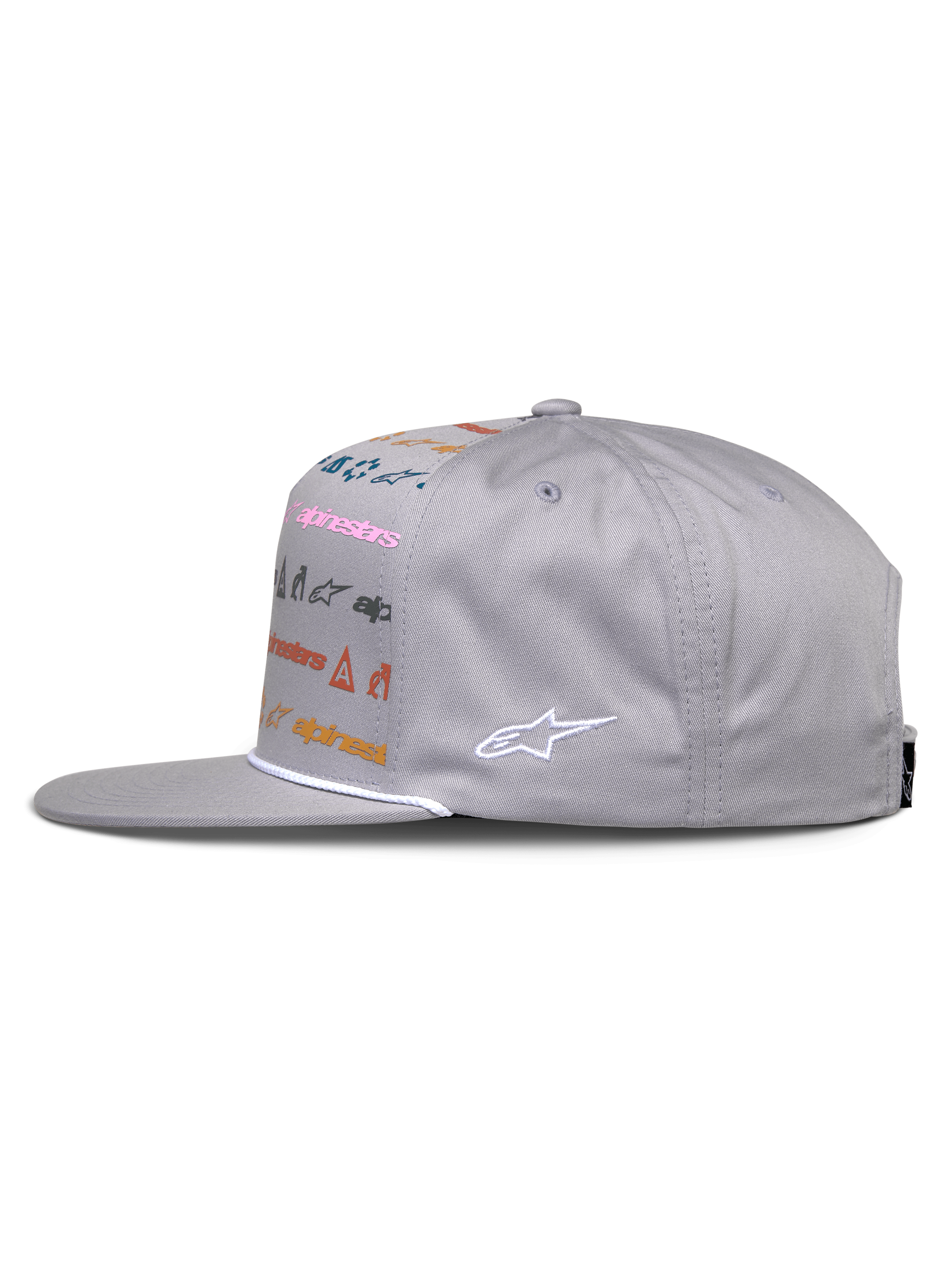 Alpinestars Glphy pet, grijze snapback pet, zijaanzicht, platte klep met witte touwafwerking, meerkleurige logo-opdruk op de voorzijde en wit geborduurd logo op de zijkant, casual motorsport streetwear