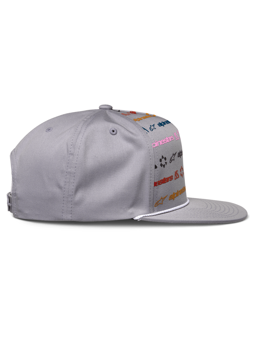 Alpinestars Glphy pet, grijs, snapback met platte klep en meerkleurige logo-opdruk, witte touwafwerking aan de klep, gestructureerde kroon, casual motorsport-geïnspireerde pet
