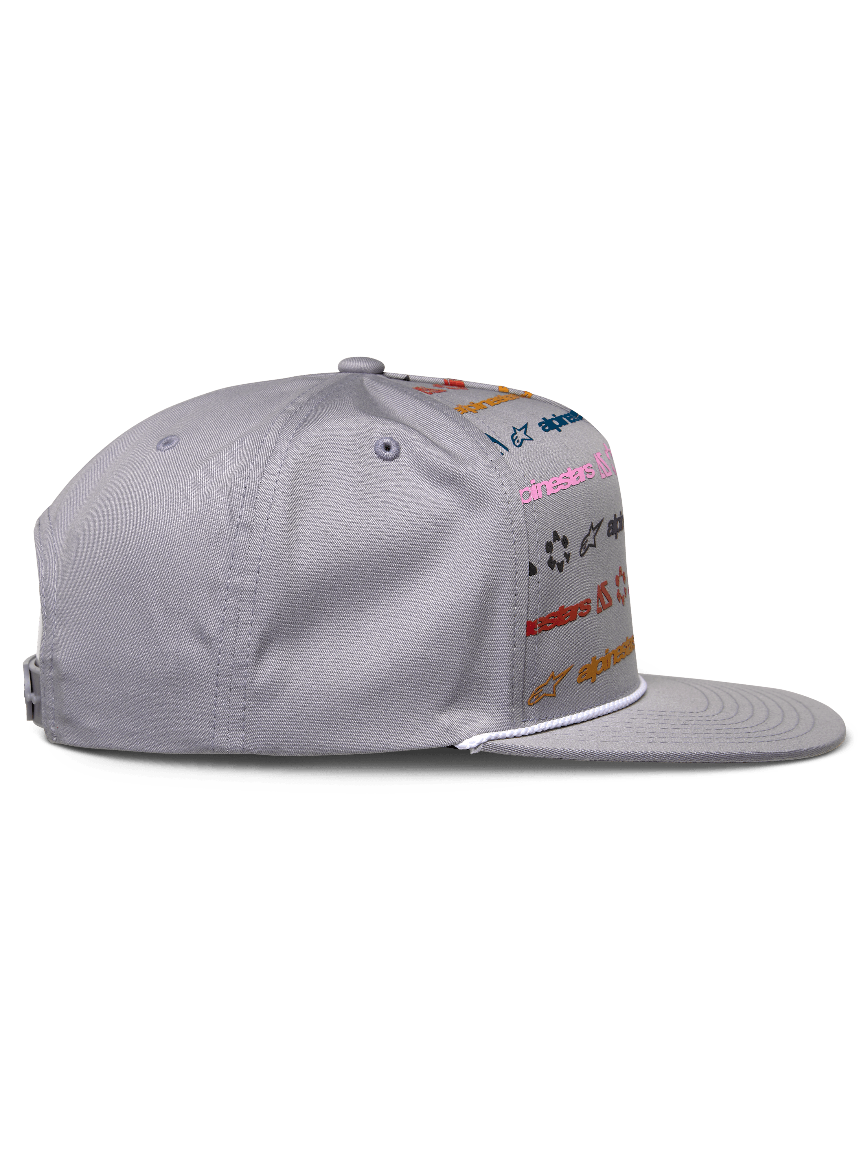 Alpinestars Glphy pet, grijs, snapback met platte klep en meerkleurige logo-opdruk, witte touwafwerking aan de klep, gestructureerde kroon, casual motorsport-geïnspireerde pet