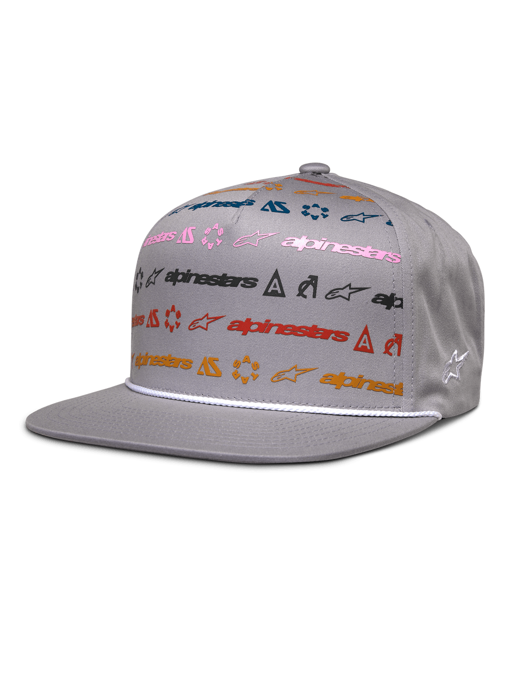 Alpinestars Glphy Hat, grijze snapback cap met platte klep, kleurrijk ontwerp met meerdere logo's in roze, blauw, rood en oranje, witte touwafwerking boven de klep, gestructureerde kroon met geborduurd sterlogo aan de zijkant