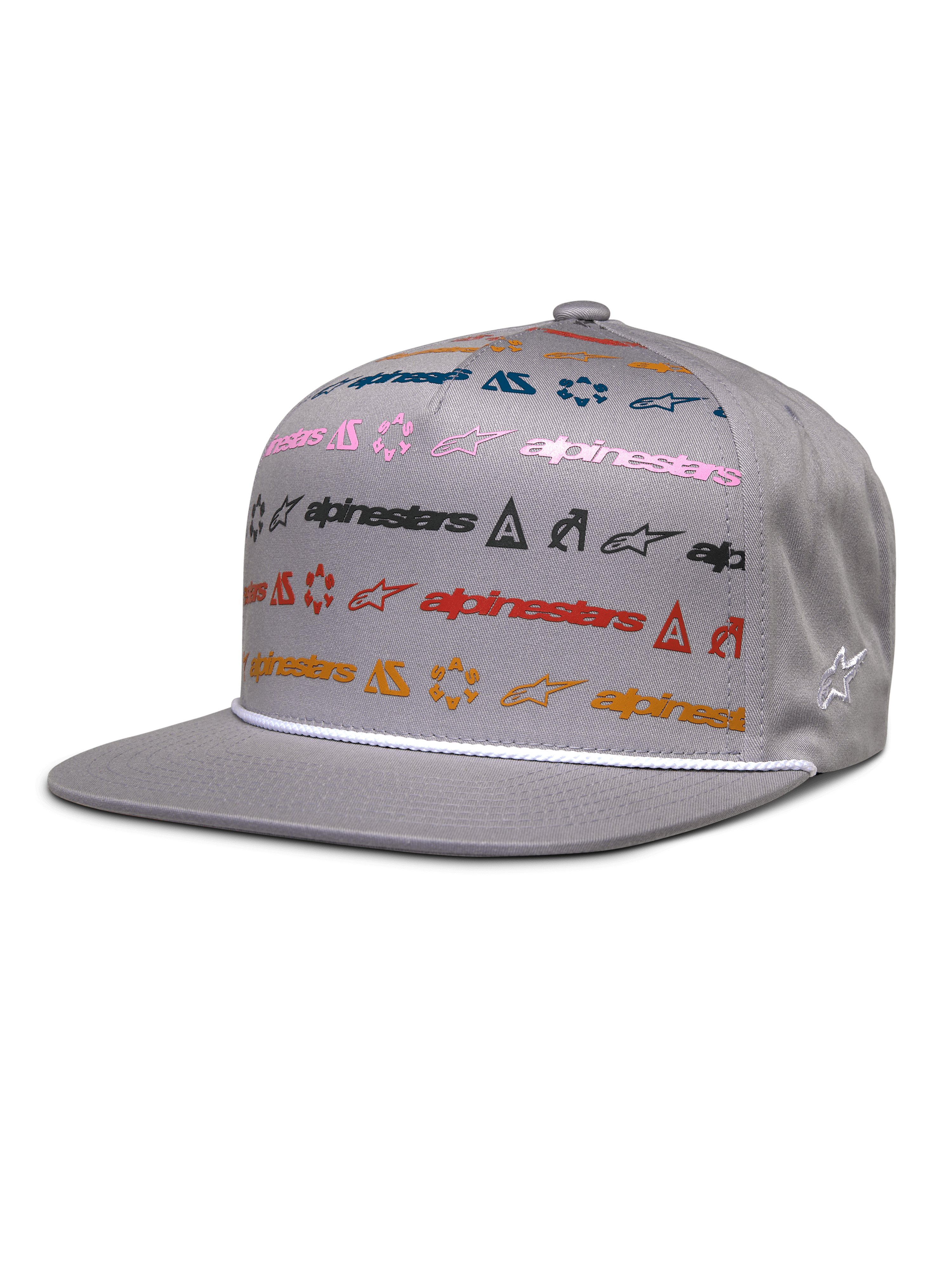 Alpinestars Glphy Hat, grijze snapback cap met platte klep, kleurrijk ontwerp met meerdere logo's in roze, blauw, rood en oranje, witte touwafwerking boven de klep, gestructureerde kroon met geborduurd sterlogo aan de zijkant
