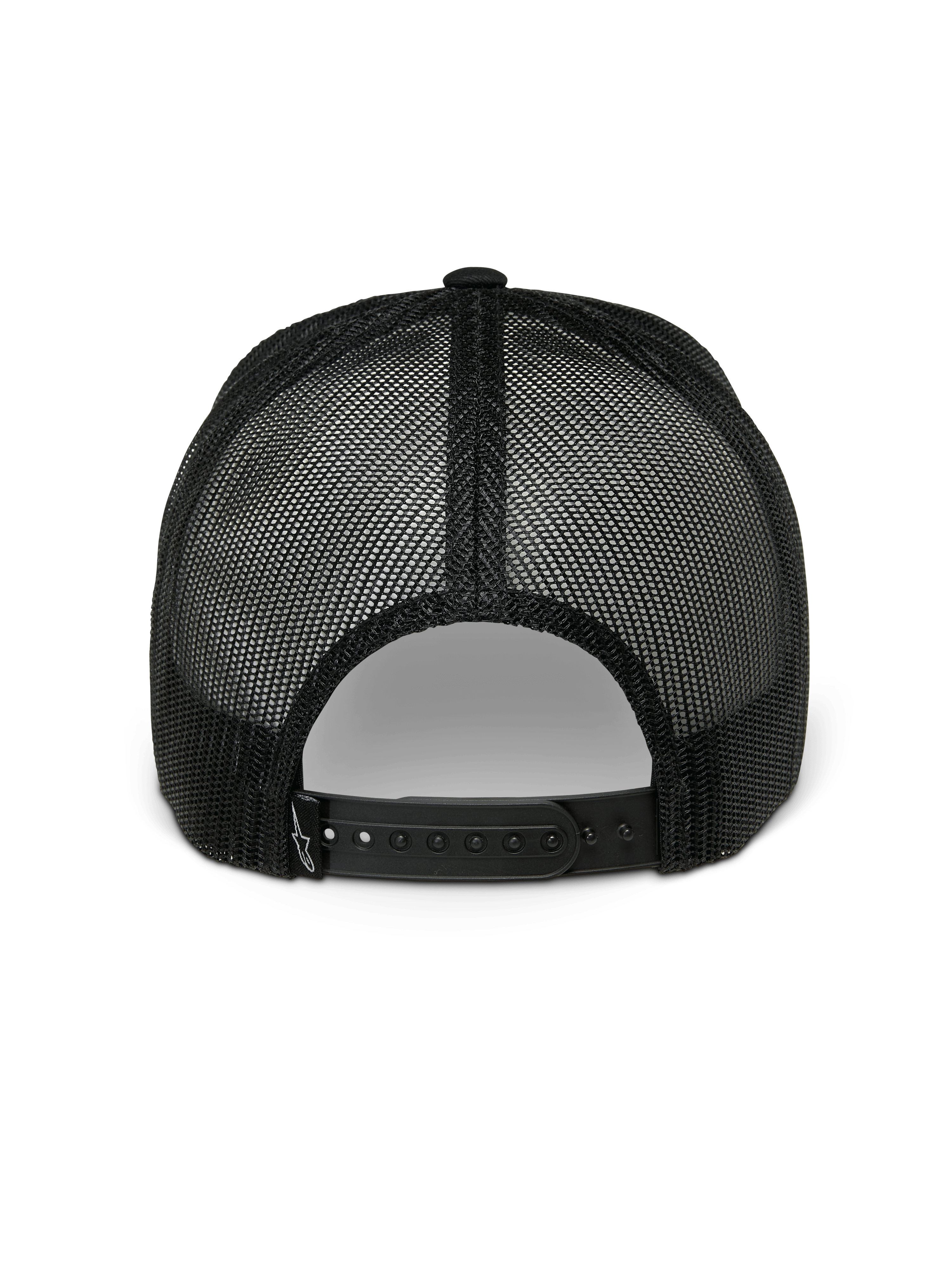 Alpinestars Gambit Trucker pet, snapback pet, zwart, achteraanzicht met ademende poly mesh panelen en verstelbare snapback-sluiting, casual motorsport sportkleding