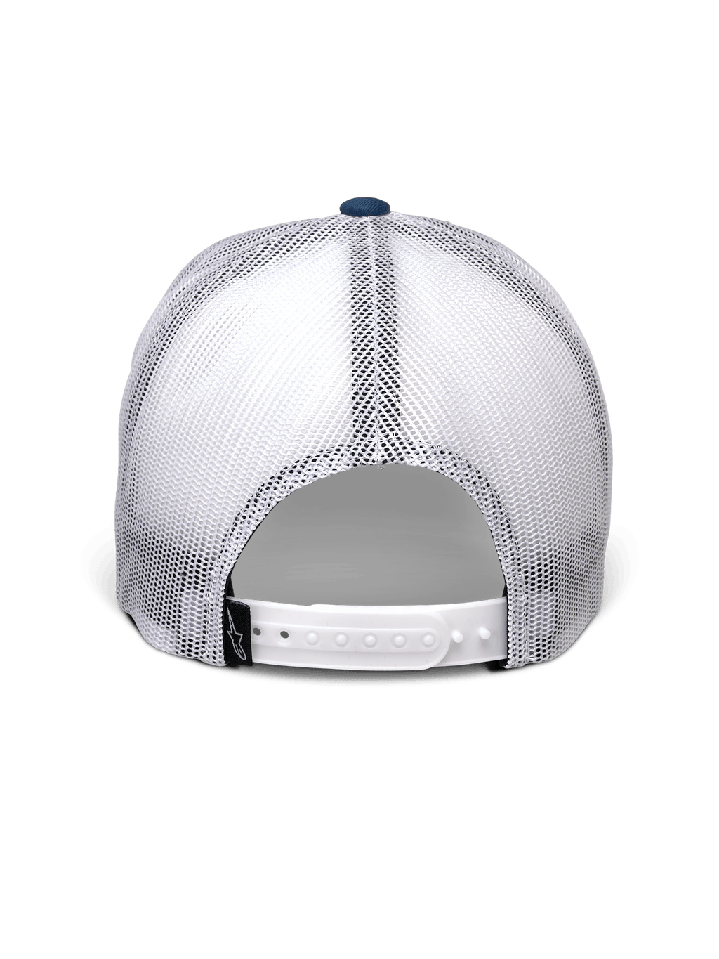 Alpinestars Gambit Trucker pet, blauw en wit, achteraanzicht met ademende witte mesh-panelen, witte snapback-sluiting met een klein zwart Alpinestars-logolabel, casual motorsport-geïnspireerde hoofdbedekking