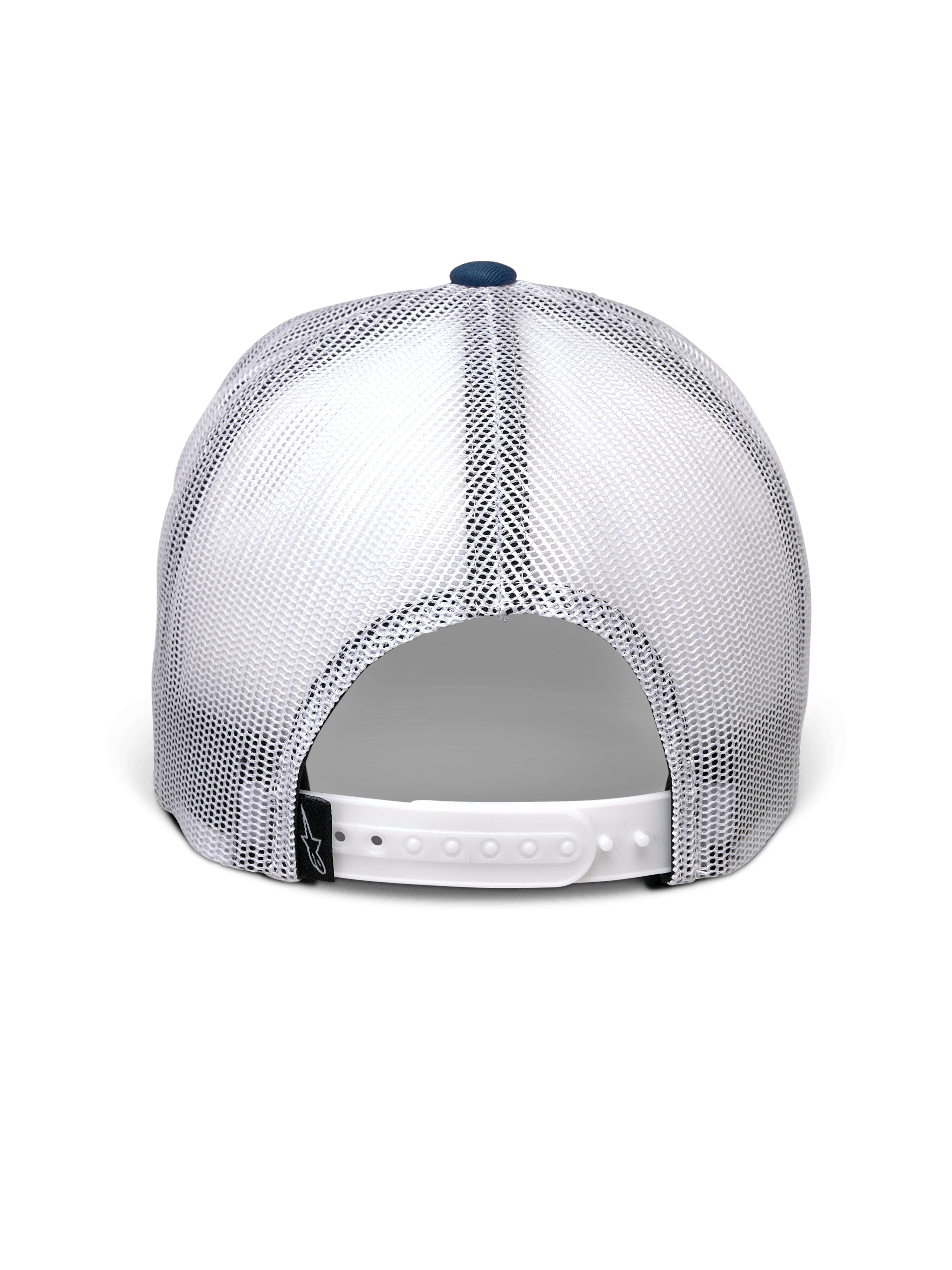 Alpinestars Gambit Trucker pet, blauw en wit, achteraanzicht met ademende witte mesh-panelen, witte snapback-sluiting met een klein zwart Alpinestars-logolabel, casual motorsport-geïnspireerde hoofdbedekking