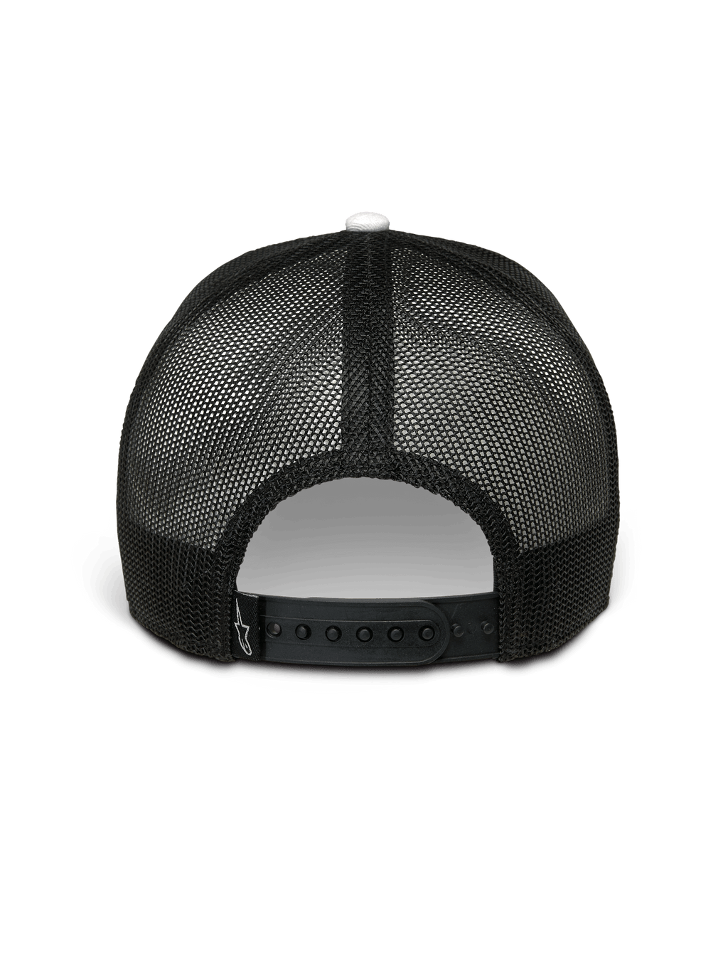 Alpinestars Hardware Trucker pet, wit en zwart, achteraanzicht, zwarte poly mesh achterzijde met verstelbare snapback-sluiting, voorzien van een klein wit Alpinestars-logo op de band, casual motorsport streetwear
