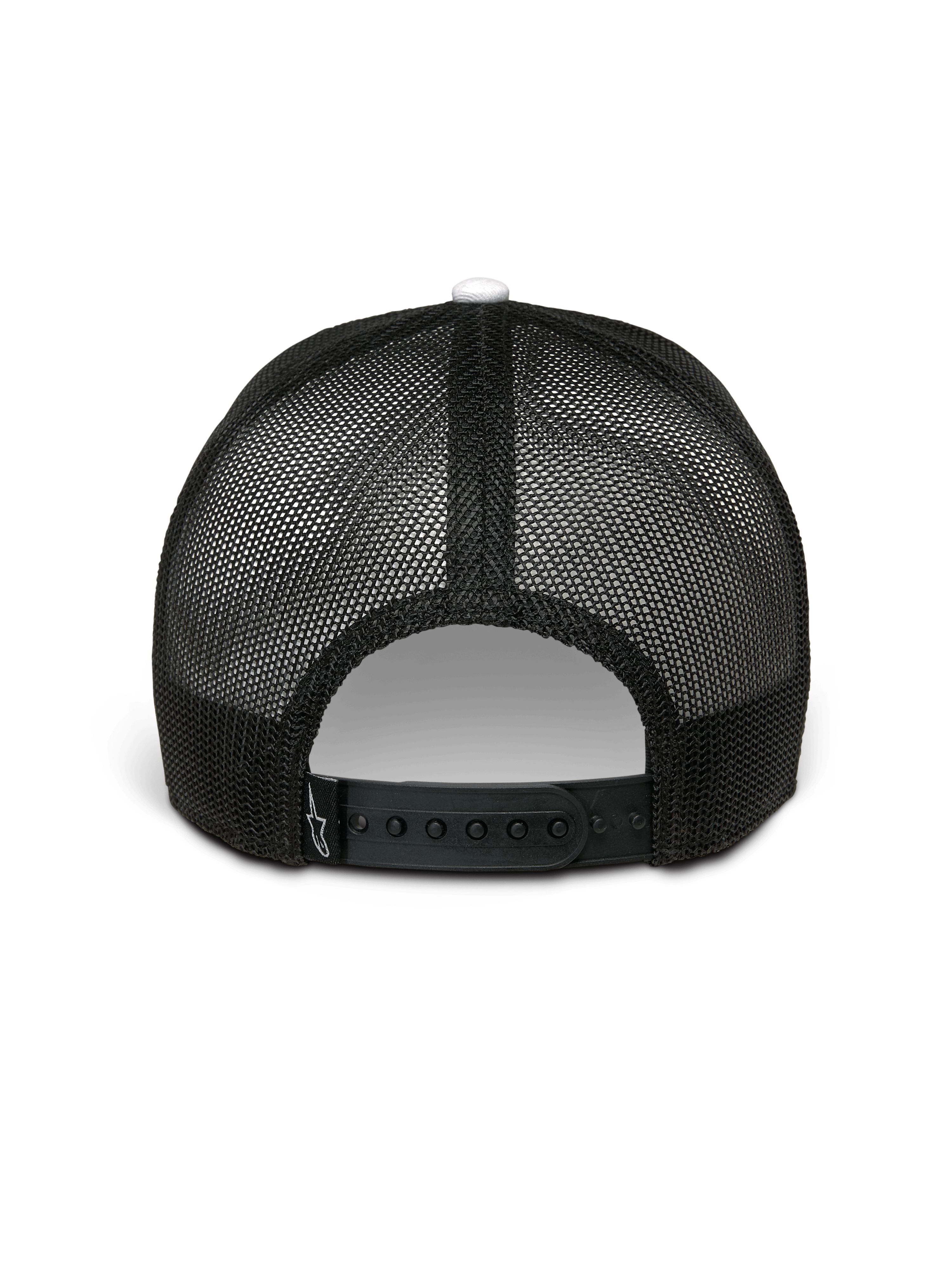 Alpinestars Hardware Trucker pet, wit en zwart, achteraanzicht, zwarte poly mesh achterzijde met verstelbare snapback-sluiting, voorzien van een klein wit Alpinestars-logo op de band, casual motorsport streetwear