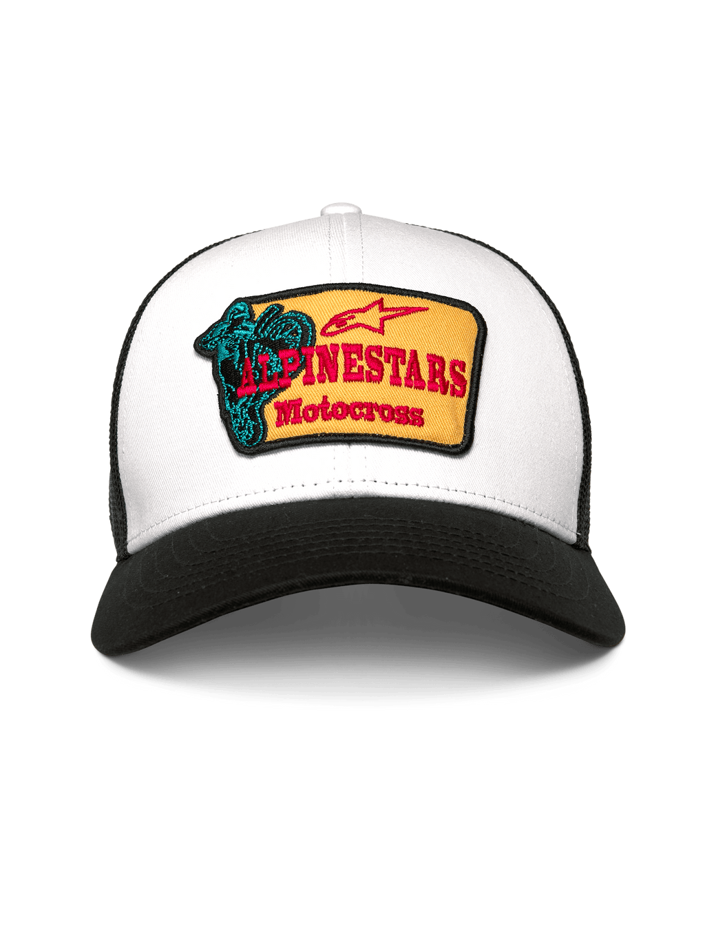 Alpinestars Hardware Trucker Pet, truckerpet, wit en zwart, met een gele geborduurde patch met rode Alpinestars Motocross-tekst en een blauwgroene afbeelding, gebogen klep en ademende achterkant van mesh, casual op de motorsport geïnspireerde pet