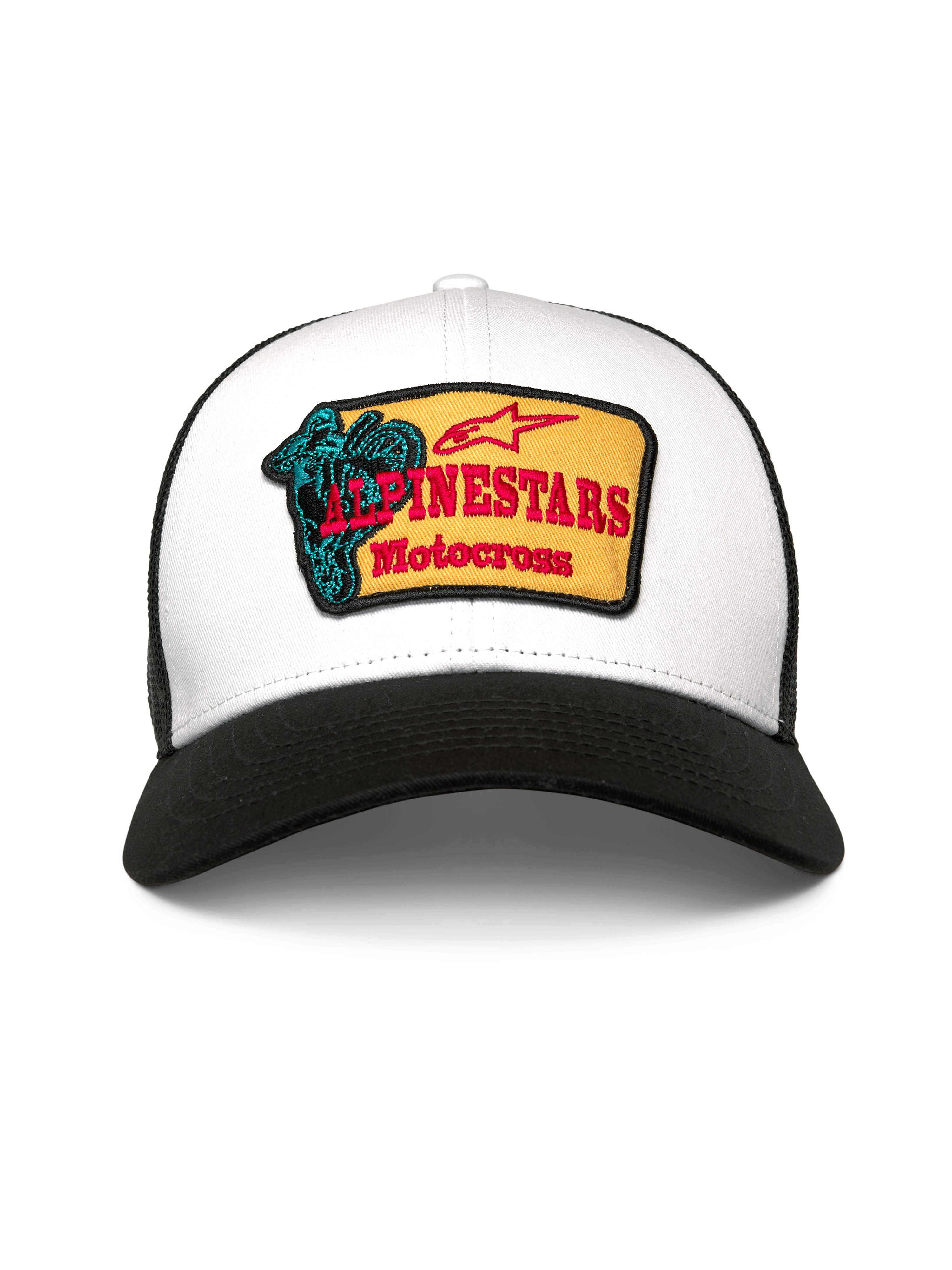 Alpinestars Hardware Trucker Pet, truckerpet, wit en zwart, met een gele geborduurde patch met rode Alpinestars Motocross-tekst en een blauwgroene afbeelding, gebogen klep en ademende achterkant van mesh, casual op de motorsport geïnspireerde pet
