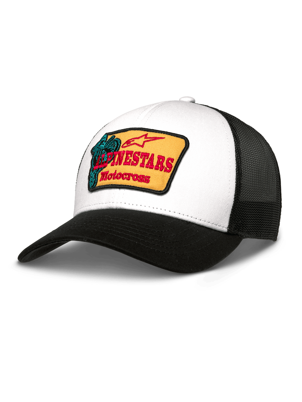 Alpinestars Hardware Trucker Hat, witte twill voorzijde en zwarte mesh achterzijde, gele geborduurde patch met rode branding en turquoise motocross-graphic, gebogen zwarte klep, casual sportkleding