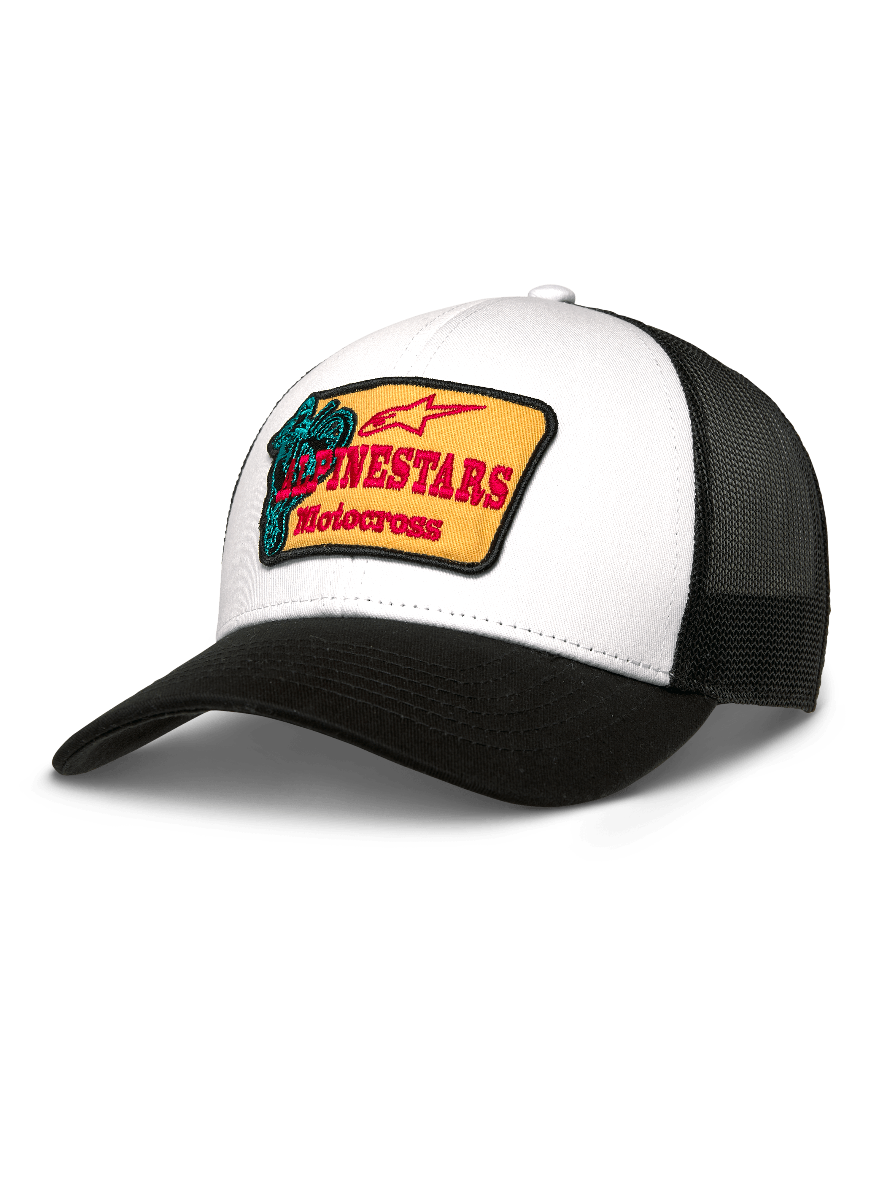 Alpinestars Hardware Trucker Hat, witte twill voorzijde en zwarte mesh achterzijde, gele geborduurde patch met rode branding en turquoise motocross-graphic, gebogen zwarte klep, casual sportkleding