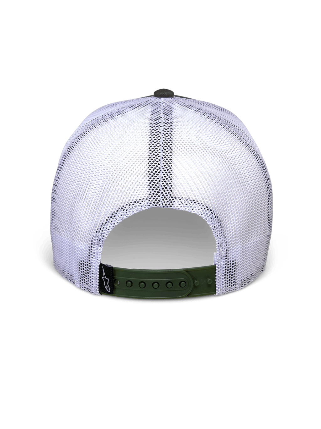 Alpinestars Hardware Trucker Pet in Military White, achteraanzicht met witte mesh-panelen en olijfgroene snapback-sluiting, klein zwart A-star logo-label, casual op de motorsport geïnspireerde pet