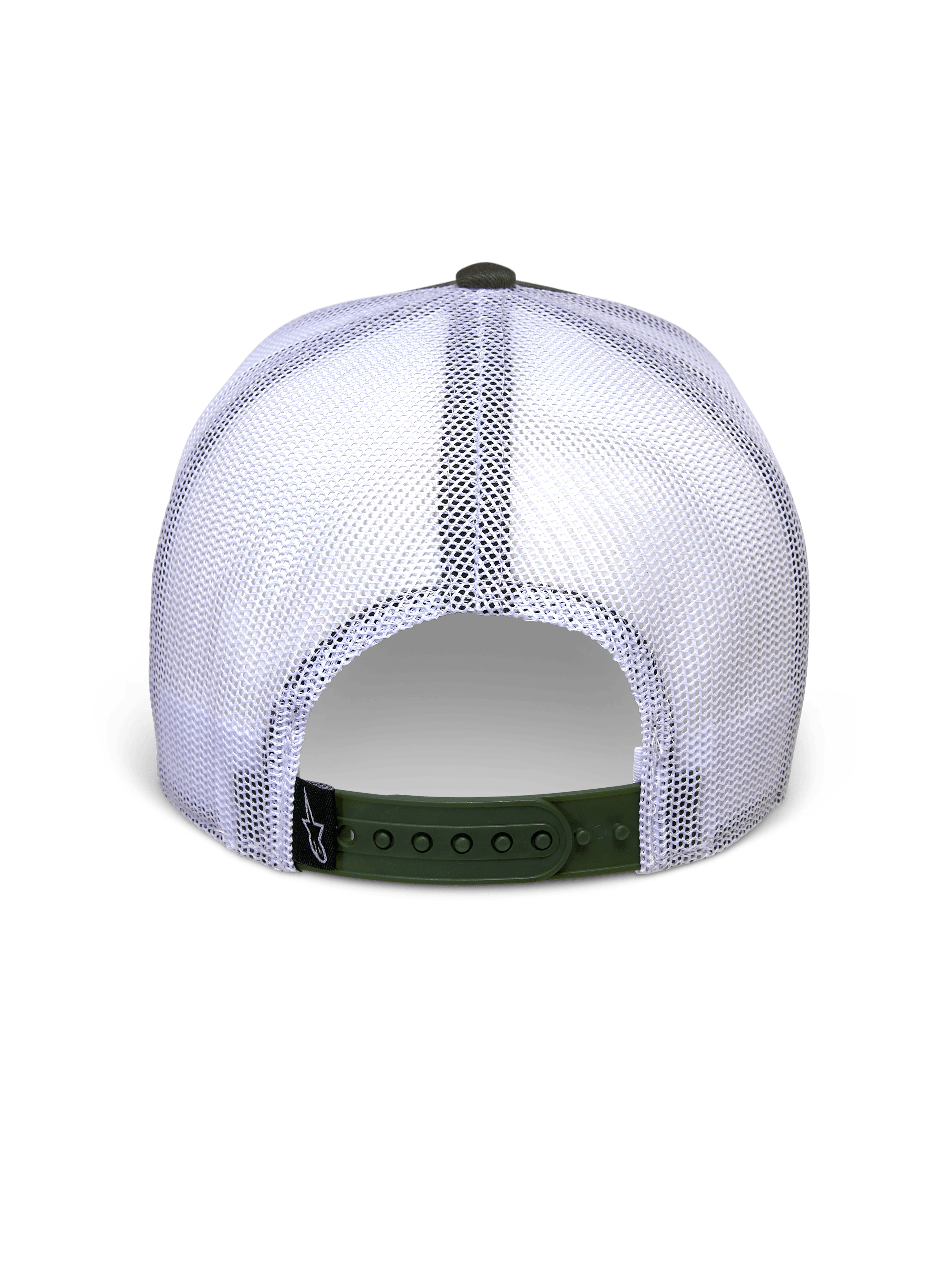 Alpinestars Hardware Trucker Pet in Military White, achteraanzicht met witte mesh-panelen en olijfgroene snapback-sluiting, klein zwart A-star logo-label, casual op de motorsport geïnspireerde pet