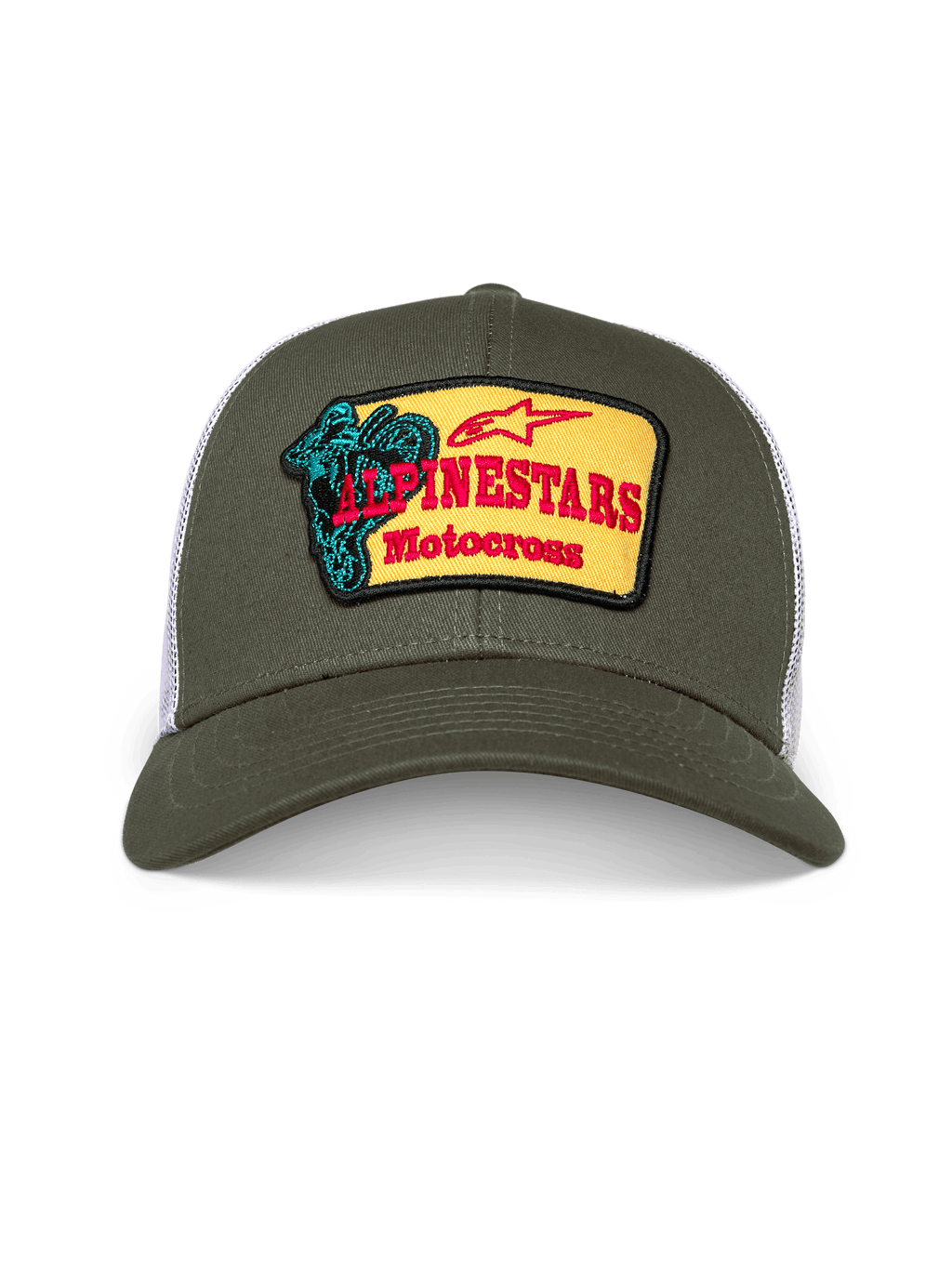 Alpinestars Hardware Trucker Pet, olijfgroene en witte trucker cap, gestructureerde kroon met gebogen klep, geel geborduurde patch op de voorkant met rood Alpinestars Motocross-logo en groenblauwe rijdersgrafiek, casual motorsport streetwear