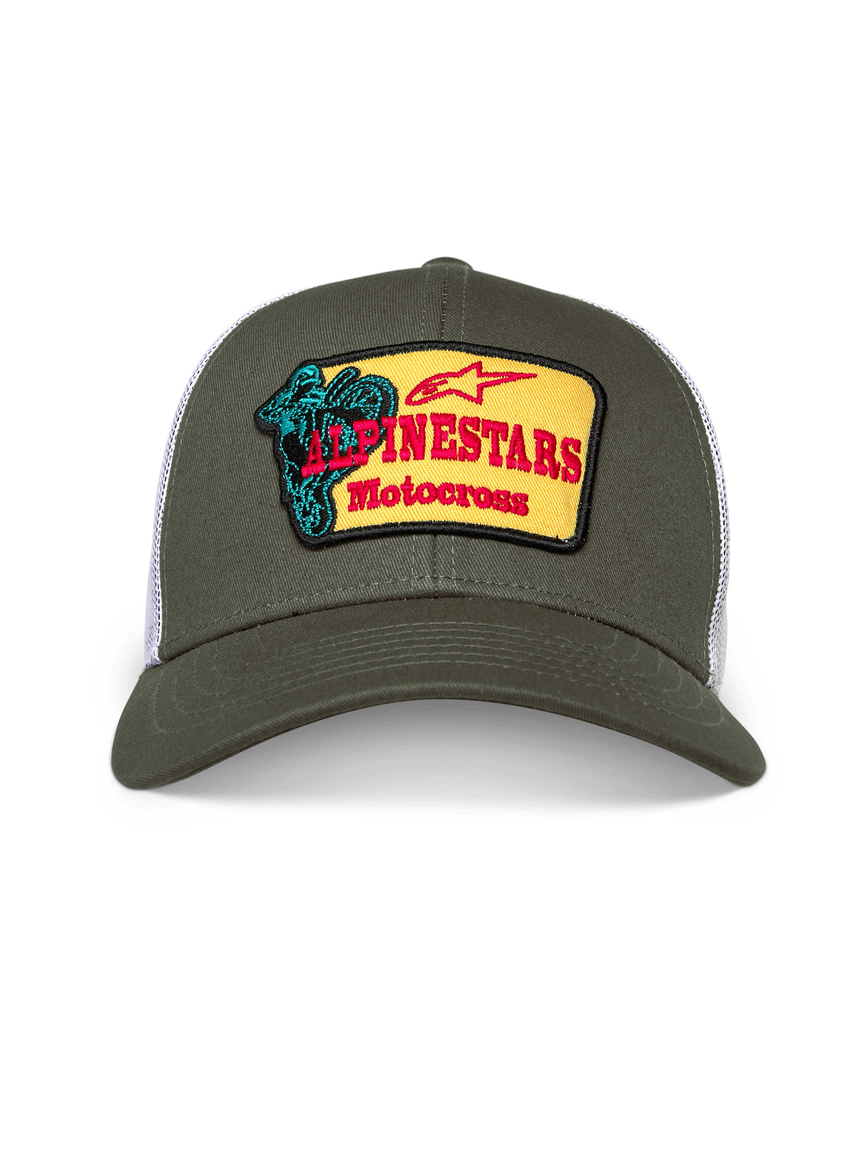 Alpinestars Hardware Trucker Pet, olijfgroene en witte trucker cap, gestructureerde kroon met gebogen klep, geel geborduurde patch op de voorkant met rood Alpinestars Motocross-logo en groenblauwe rijdersgrafiek, casual motorsport streetwear