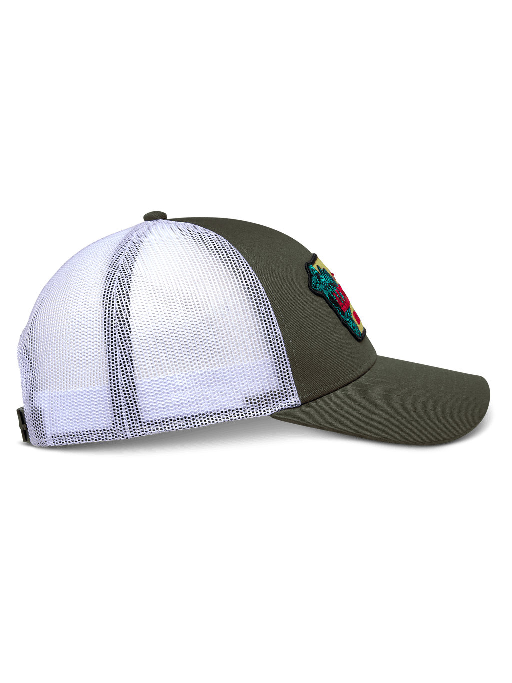 Alpinestars Hardware Trucker pet, zijaanzicht, militair groen met witte poly mesh achterkant, gebogen klep en gestructureerde kroon, voorzien van een geborduurde patch, casual motorsport-geïnspireerde pet