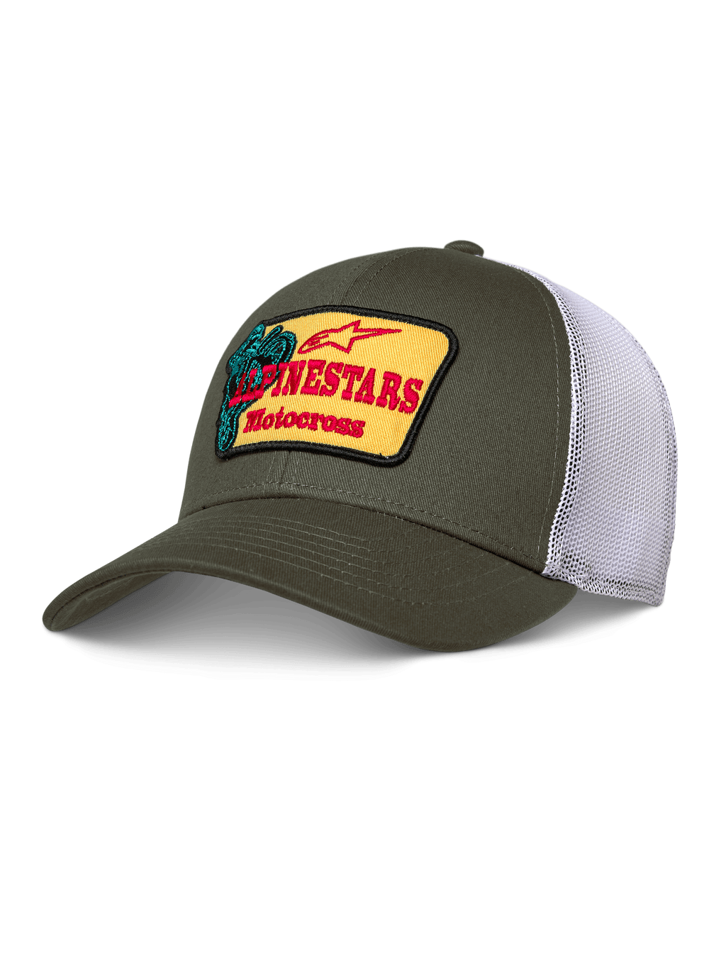 Alpinestars Hardware Trucker Pet, olijfgroen met wit mesh, gele patch met rode Alpinestars Motocross-branding, gebogen klep, gestructureerde kroon, casual motorsport-sportkleding