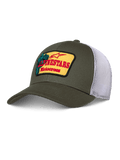 Alpinestars Hardware Trucker Pet, olijfgroen met wit mesh, gele patch met rode Alpinestars Motocross-branding, gebogen klep, gestructureerde kroon, casual motorsport-sportkleding