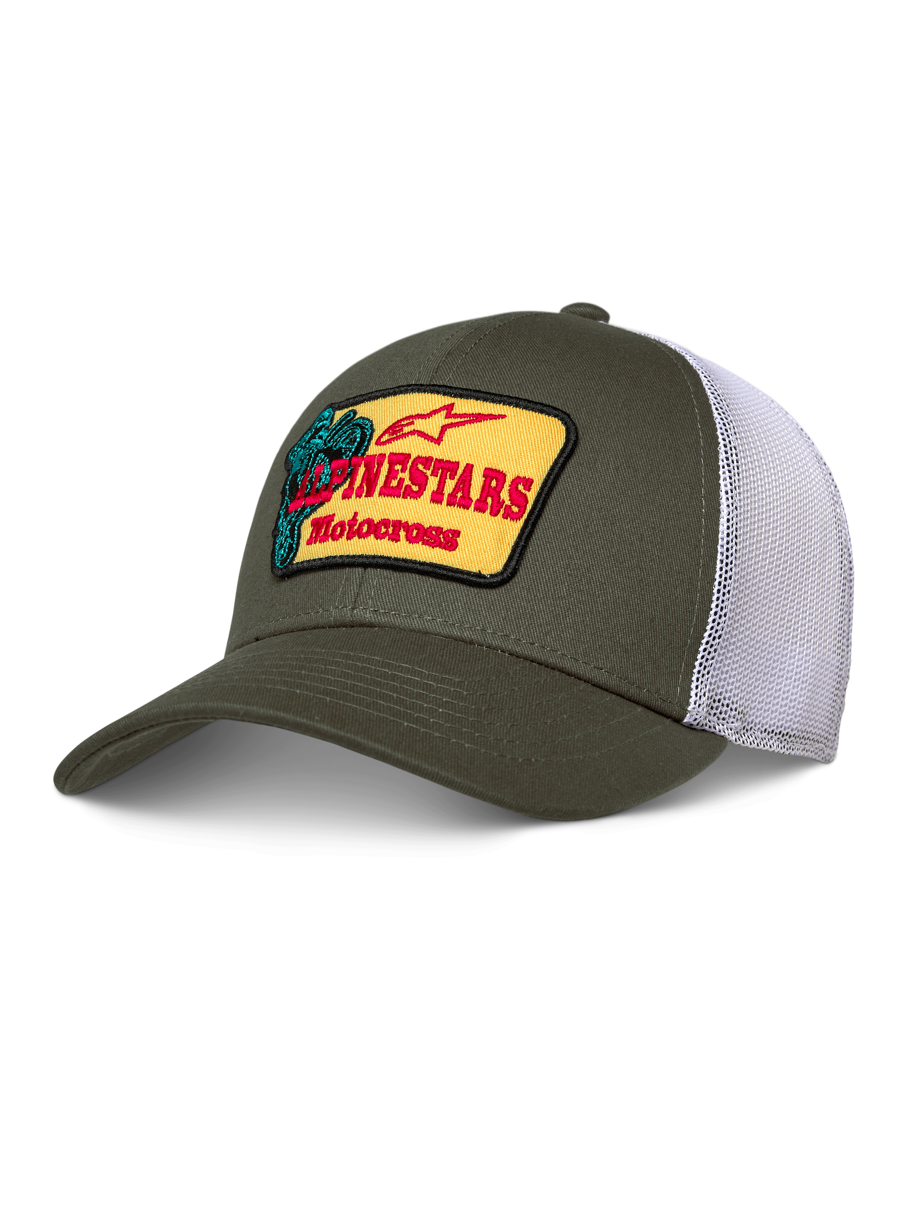 Alpinestars Hardware Trucker Pet, olijfgroen met wit mesh, gele patch met rode Alpinestars Motocross-branding, gebogen klep, gestructureerde kroon, casual motorsport-sportkleding