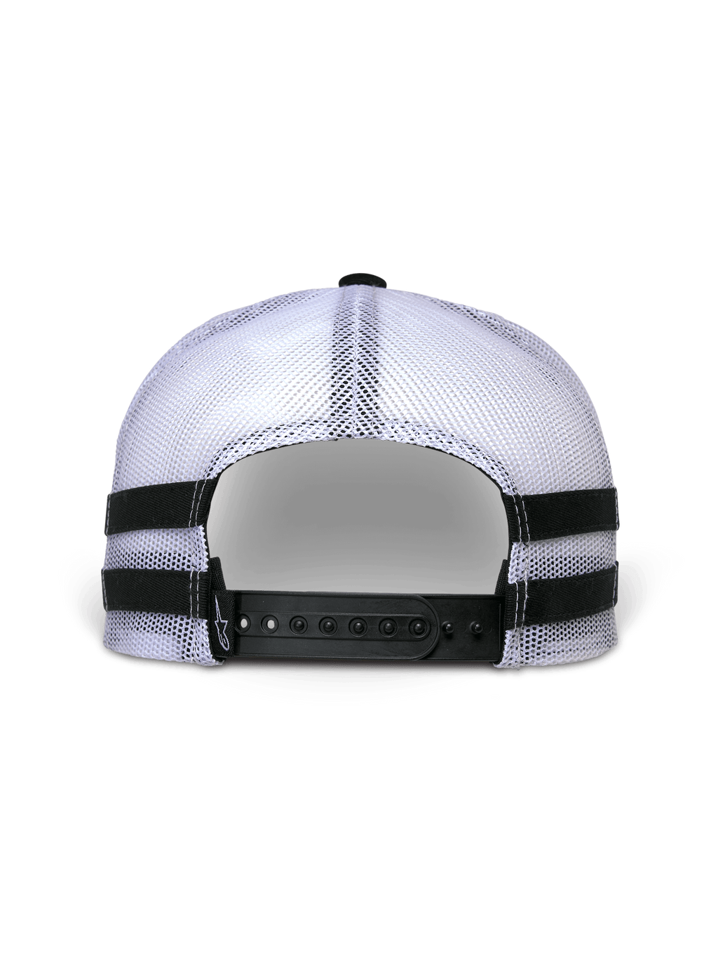 Alpinestars Backline Trucker pet, achteraanzicht, witte mesh achterkant met zwarte snapback-sluiting, horizontale zwarte applicatiestrepen aan de zijkanten, casual motorsport streetwear stijl