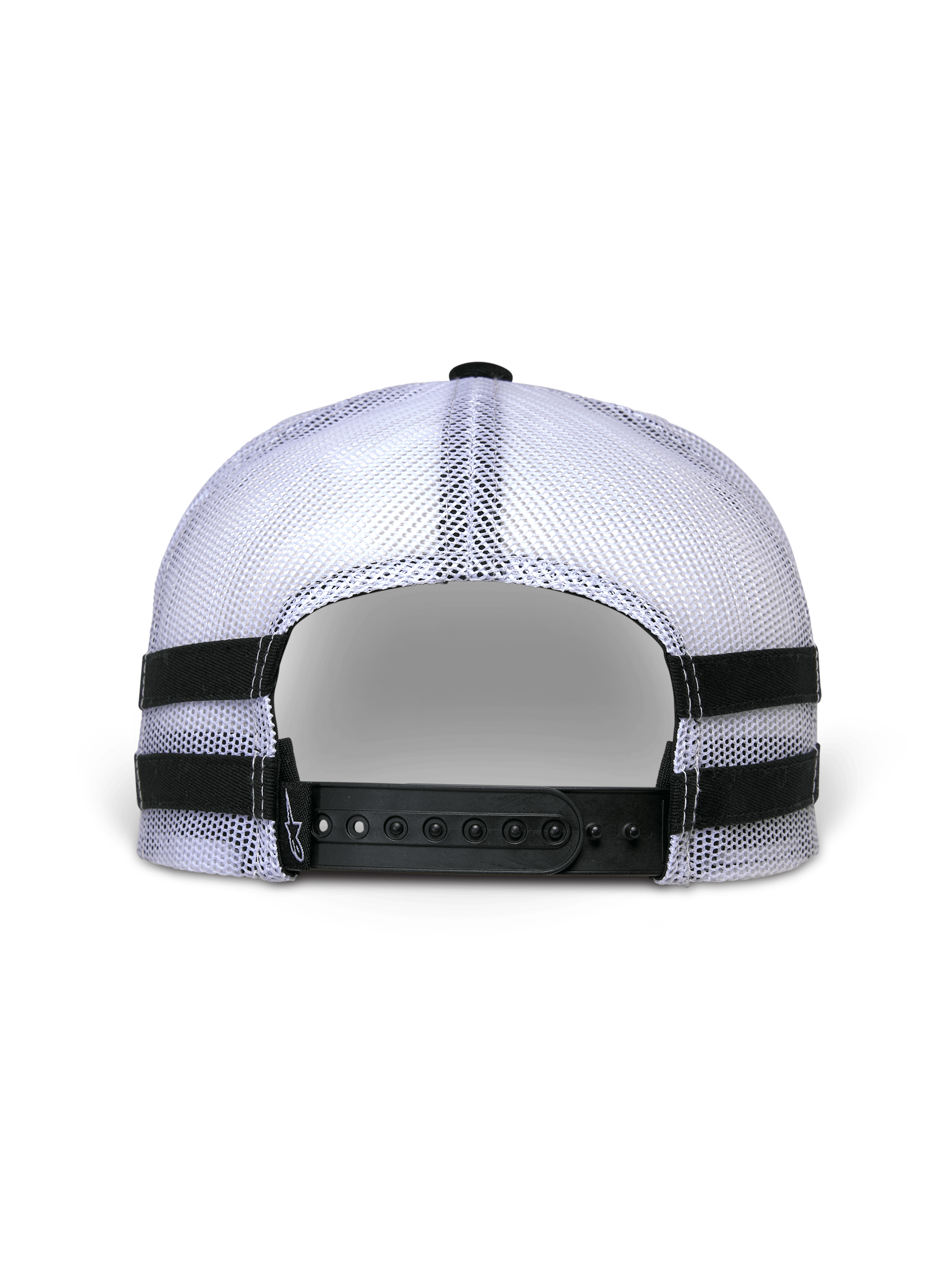 Alpinestars Backline Trucker pet, achteraanzicht, witte mesh achterkant met zwarte snapback-sluiting, horizontale zwarte applicatiestrepen aan de zijkanten, casual motorsport streetwear stijl
