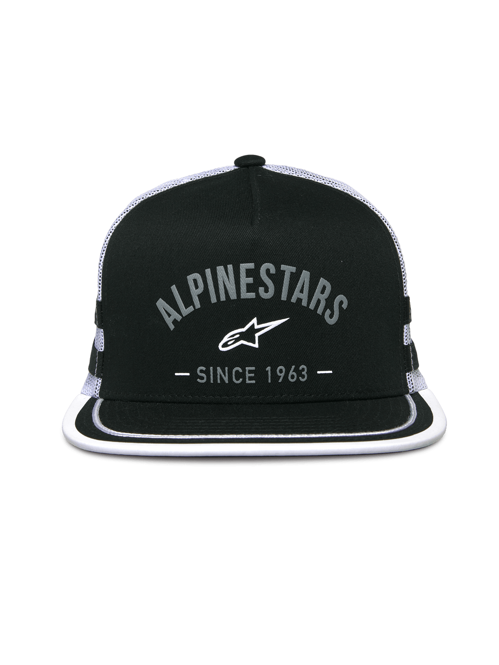 Alpinestars Backline Trucker pet, truckerpet, zwart en wit, grafisch logo op de voorzijde met 'Alpinestars Since 1963', platte klep met witte rand, gestructureerde kroon en mesh achterzijde